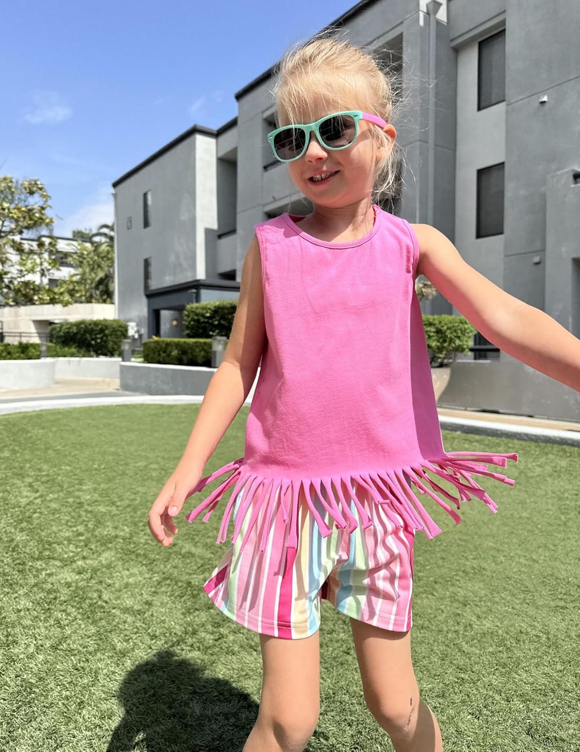 image:imageArshiner Girls Summer Outfits Sleeveless Fringe Tank Top and Elastic Waist Pocketed Shorts Set Girl Clothes 614 YearsRainbow Stripe