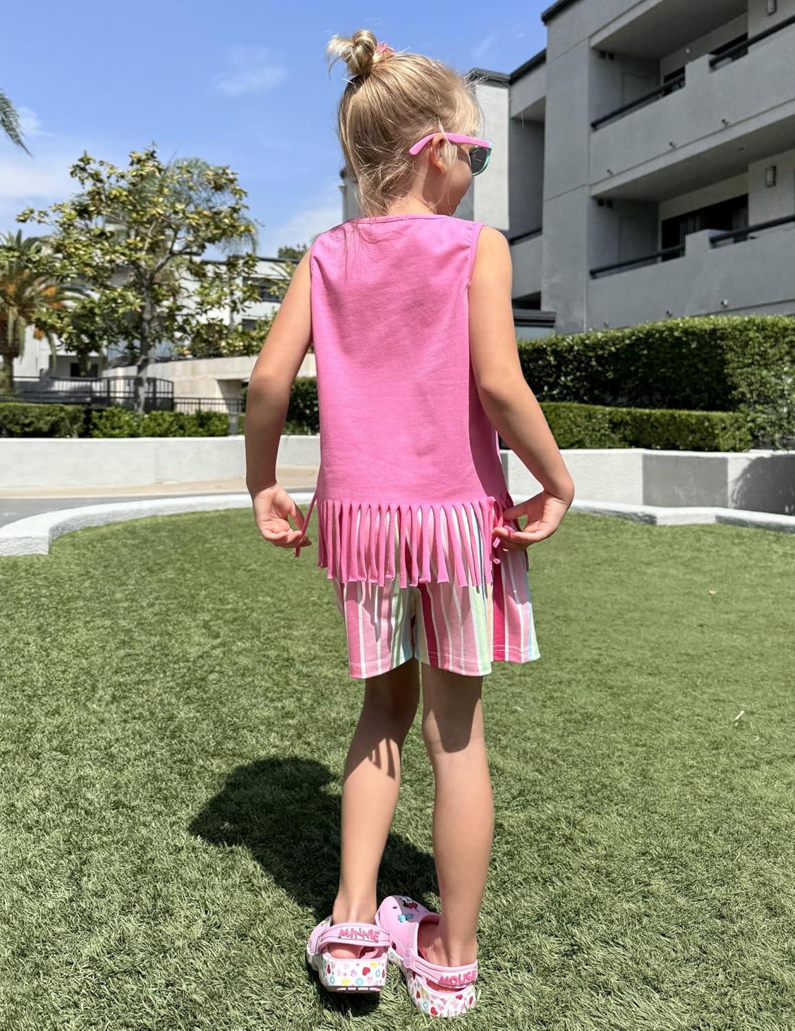 image:imageArshiner Girls Summer Outfits Sleeveless Fringe Tank Top and Elastic Waist Pocketed Shorts Set Girl Clothes 614 YearsRainbow Stripe