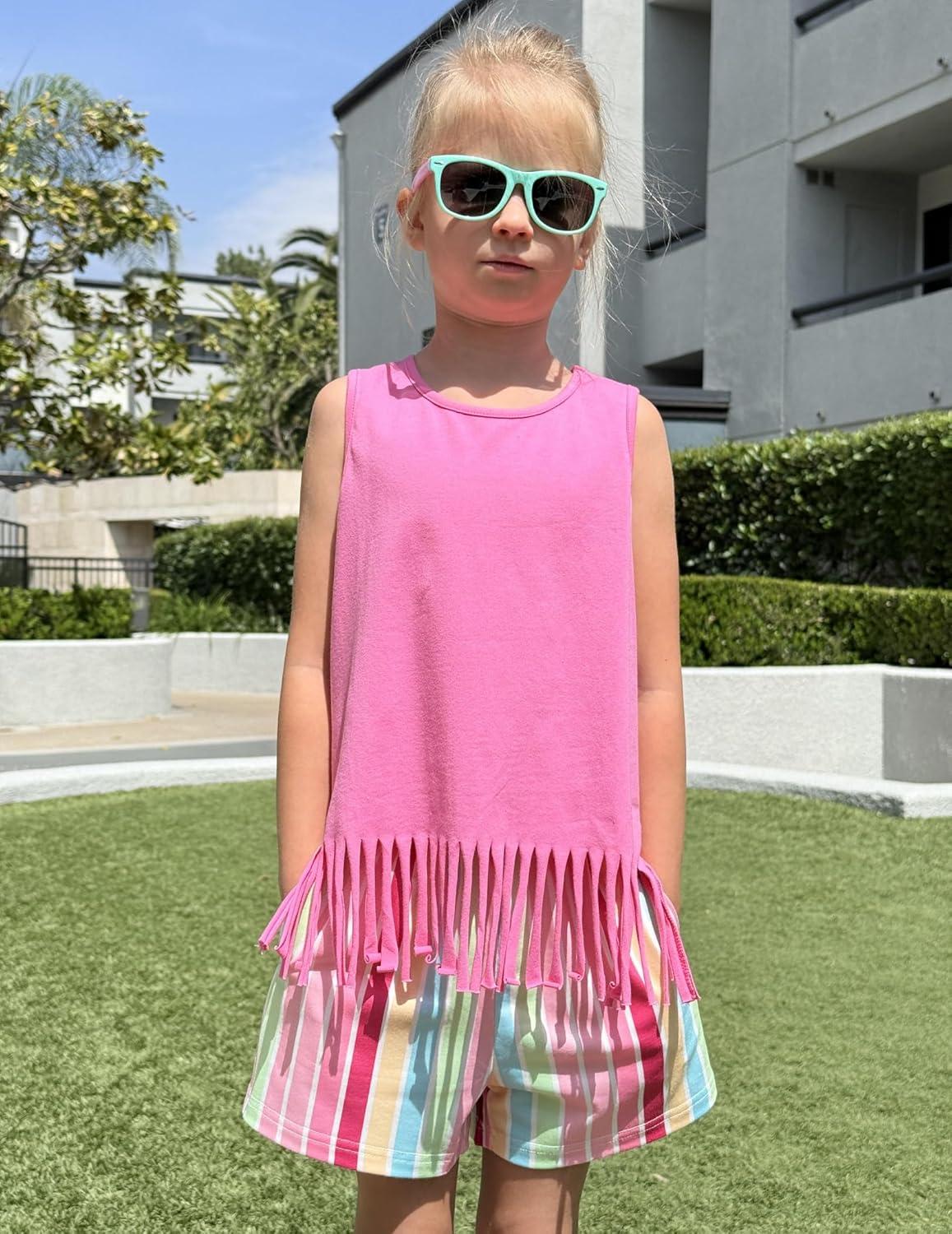 image:imageArshiner Girls Summer Outfits Sleeveless Fringe Tank Top and Elastic Waist Pocketed Shorts Set Girl Clothes 614 YearsRainbow Stripe