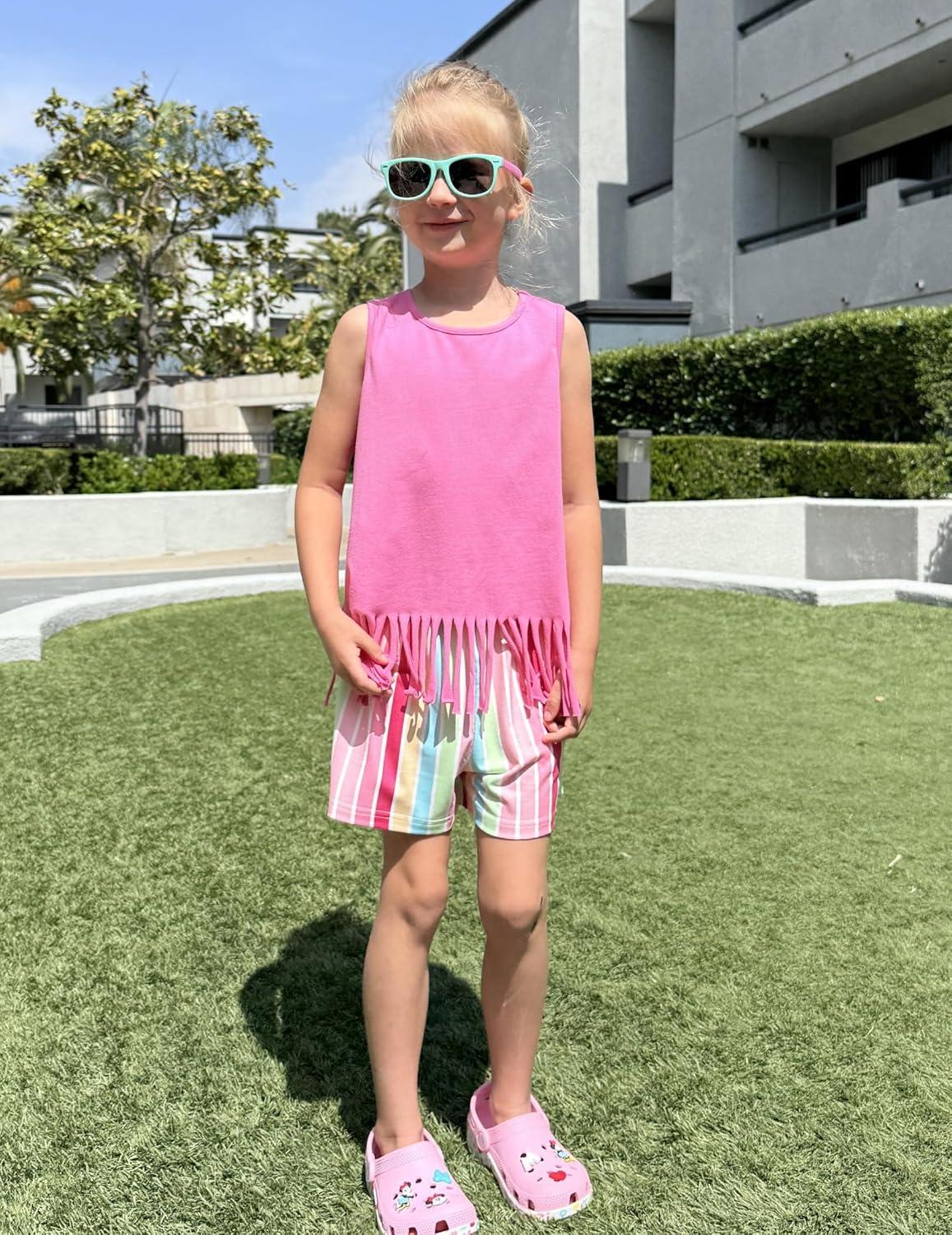 image:imageArshiner Girls Summer Outfits Sleeveless Fringe Tank Top and Elastic Waist Pocketed Shorts Set Girl Clothes 614 YearsRainbow Stripe
