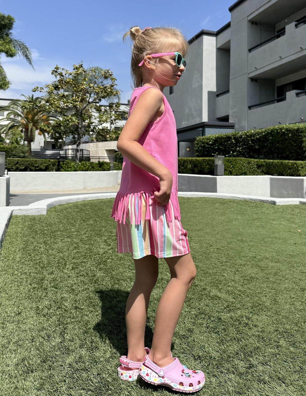 image:imageArshiner Girls Summer Outfits Sleeveless Fringe Tank Top and Elastic Waist Pocketed Shorts Set Girl Clothes 614 YearsRainbow Stripe