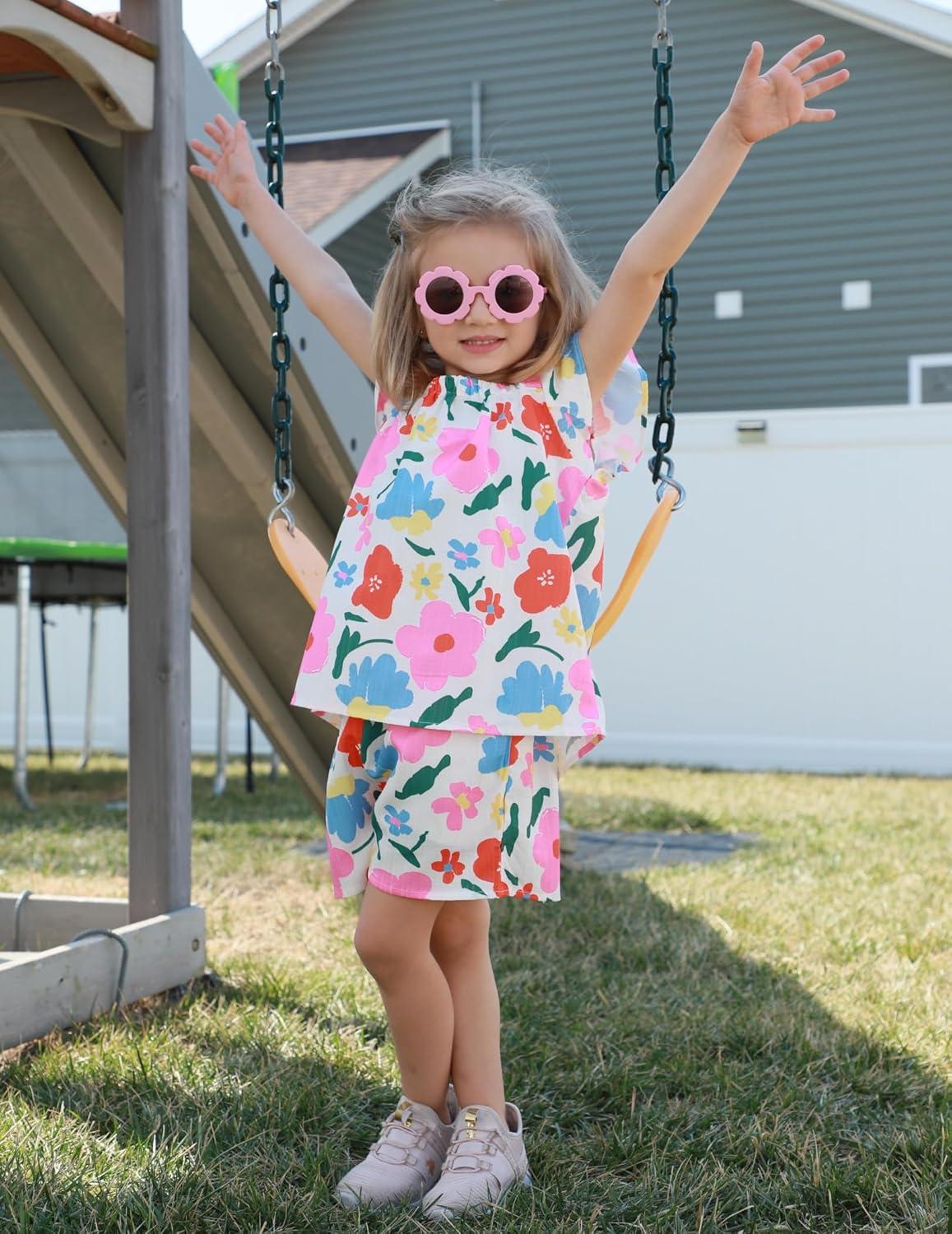 image:imageArshiner Girls Summer Shorts Sets Cap Sleeve Top and Elastic Waist Pocketed Shorts Outfit 2 Piece Clothing SetBluePink Floral