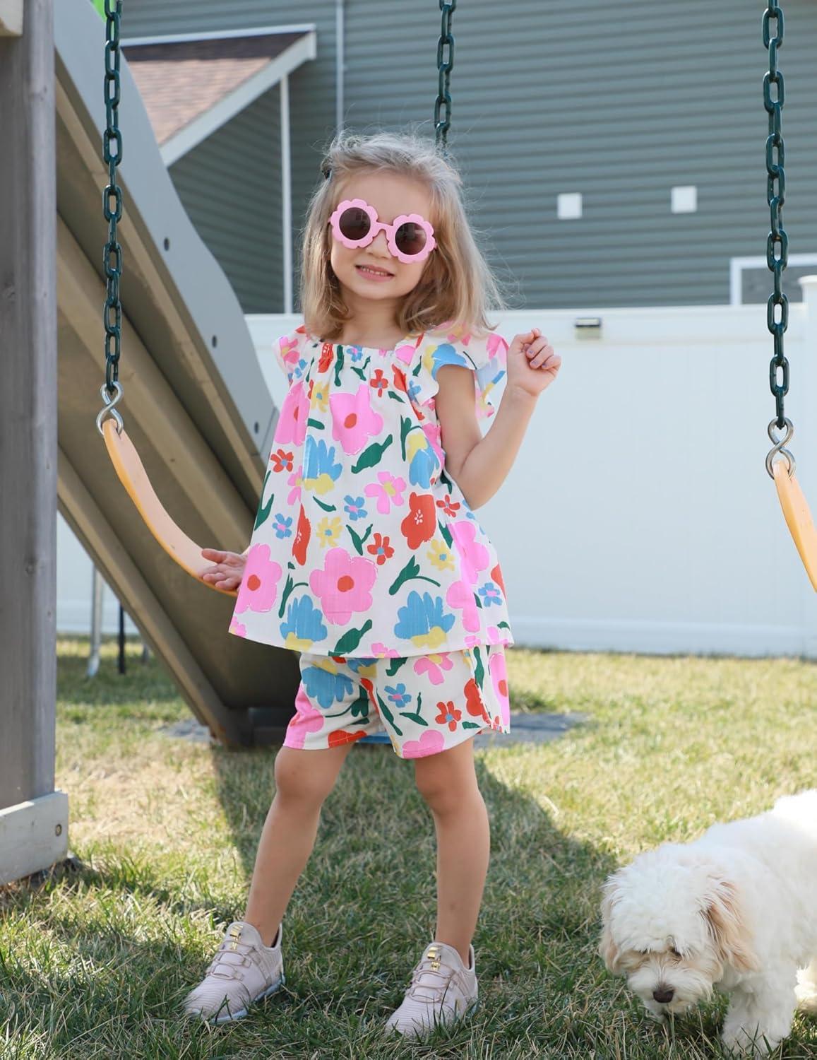 image:imageArshiner Girls Summer Shorts Sets Cap Sleeve Top and Elastic Waist Pocketed Shorts Outfit 2 Piece Clothing SetBluePink Floral