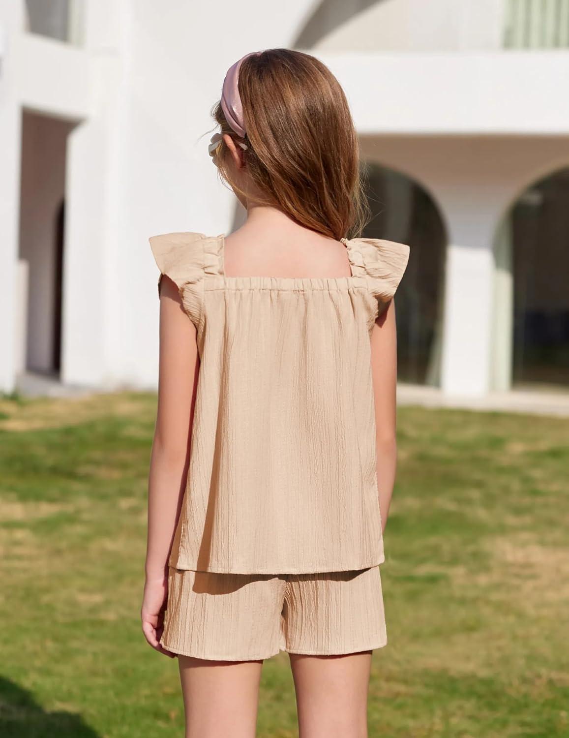 image:imageArshiner Girls Summer Shorts Sets Cap Sleeve Top and Elastic Waist Pocketed Shorts Outfit 2 Piece Clothing SetChampagne