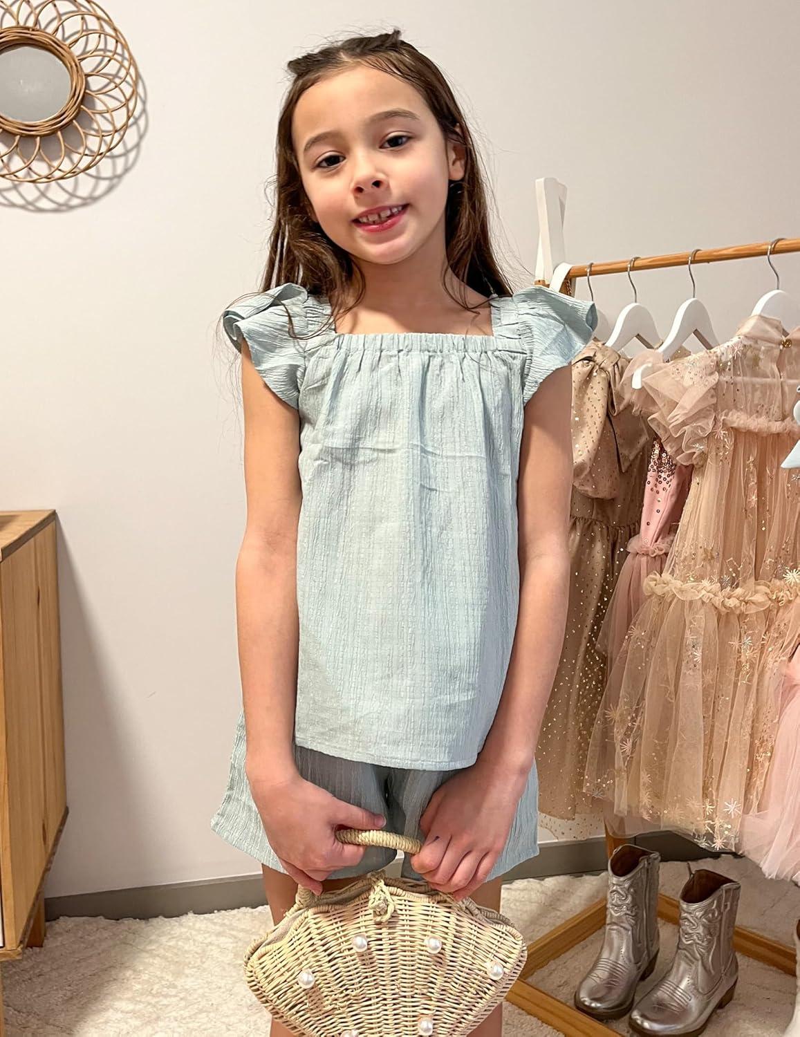 image:imageArshiner Girls Summer Shorts Sets Cap Sleeve Top and Elastic Waist Pocketed Shorts Outfit 2 Piece Clothing SetMint Green