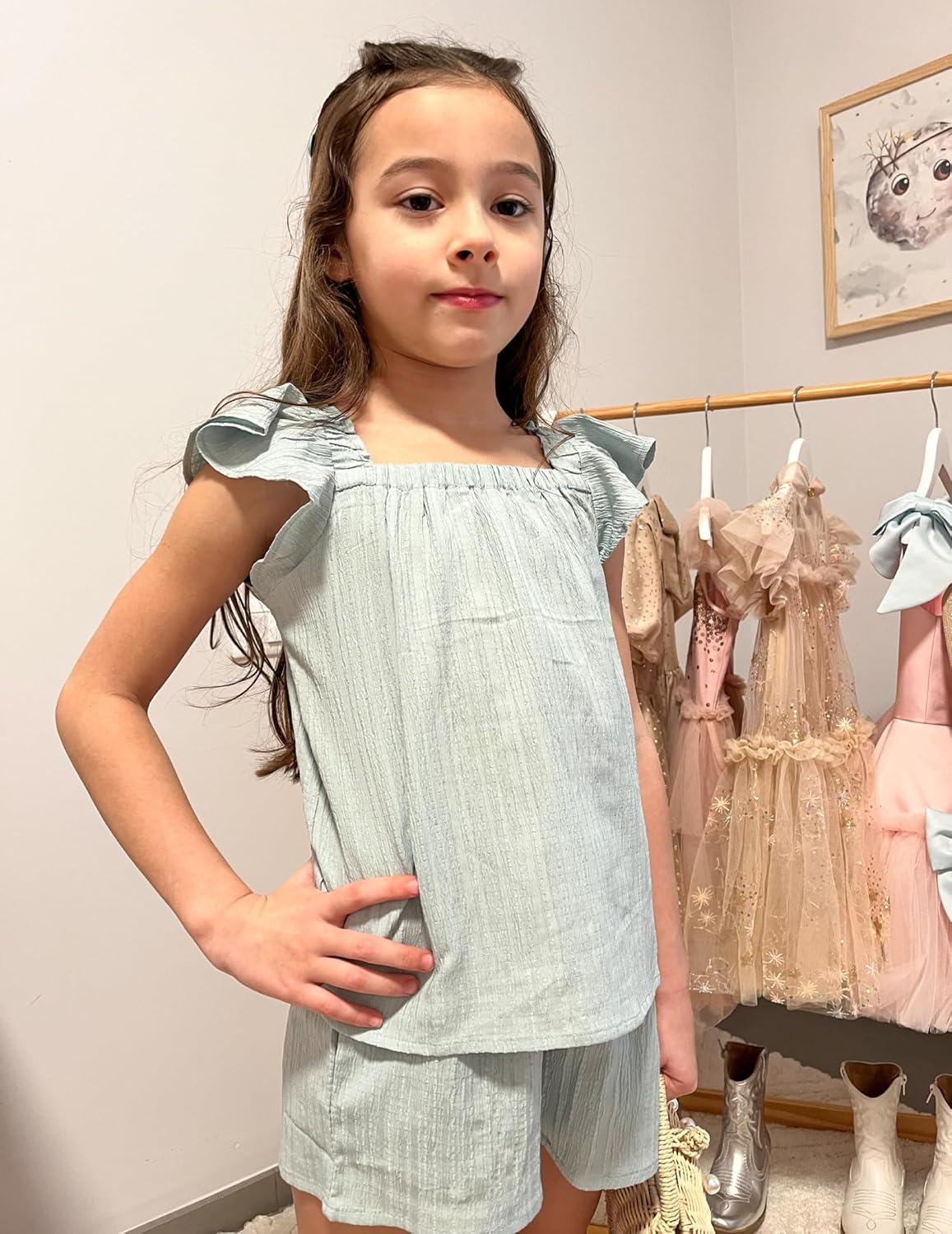 image:imageArshiner Girls Summer Shorts Sets Cap Sleeve Top and Elastic Waist Pocketed Shorts Outfit 2 Piece Clothing SetMint Green