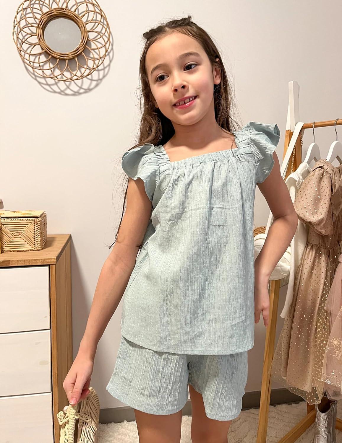 image:imageArshiner Girls Summer Shorts Sets Cap Sleeve Top and Elastic Waist Pocketed Shorts Outfit 2 Piece Clothing SetMint Green