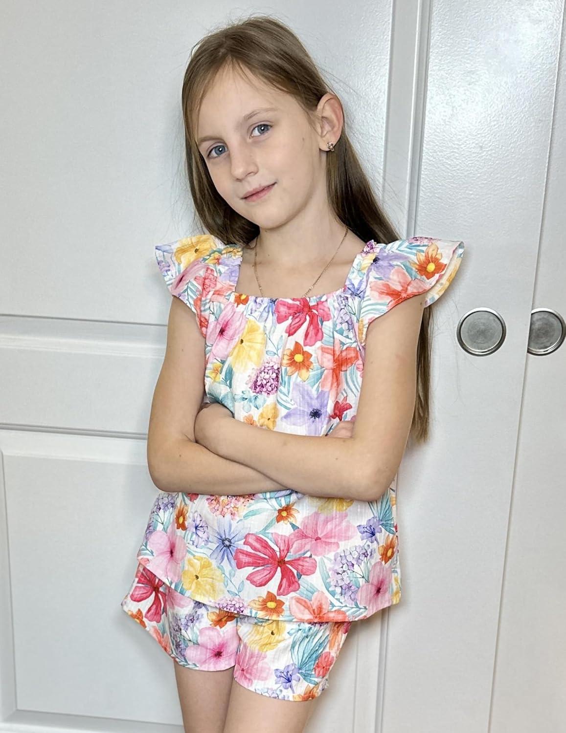 image:imageArshiner Girls Summer Shorts Sets Cap Sleeve Top and Elastic Waist Pocketed Shorts Outfit 2 Piece Clothing SetMuticolor Floral