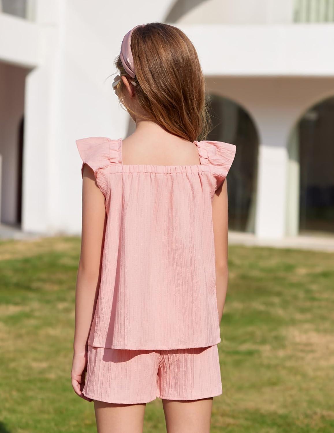 image:imageArshiner Girls Summer Shorts Sets Cap Sleeve Top and Elastic Waist Pocketed Shorts Outfit 2 Piece Clothing SetPink