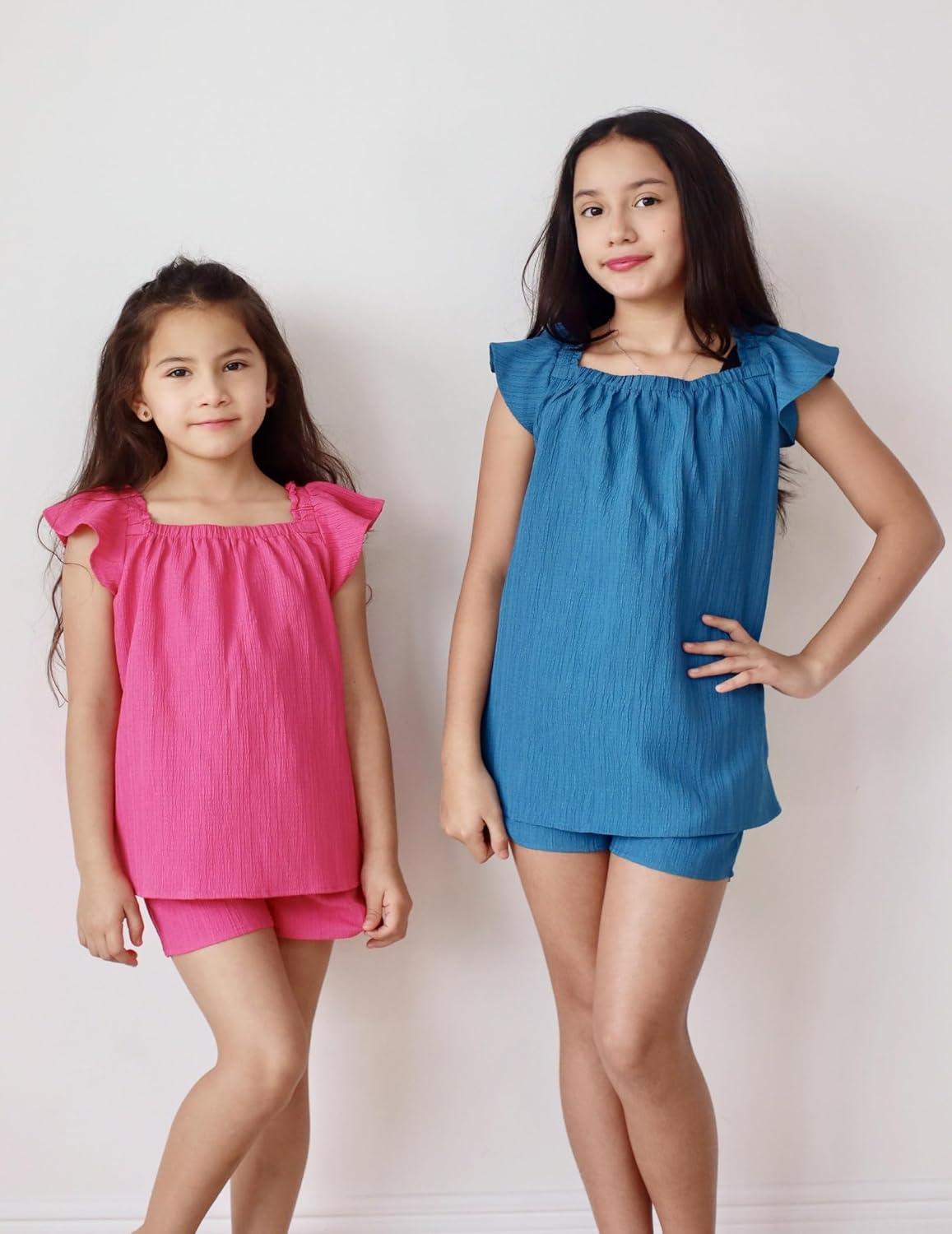 image:imageArshiner Girls Summer Shorts Sets Cap Sleeve Top and Elastic Waist Pocketed Shorts Outfit 2 Piece Clothing SetTurquoise