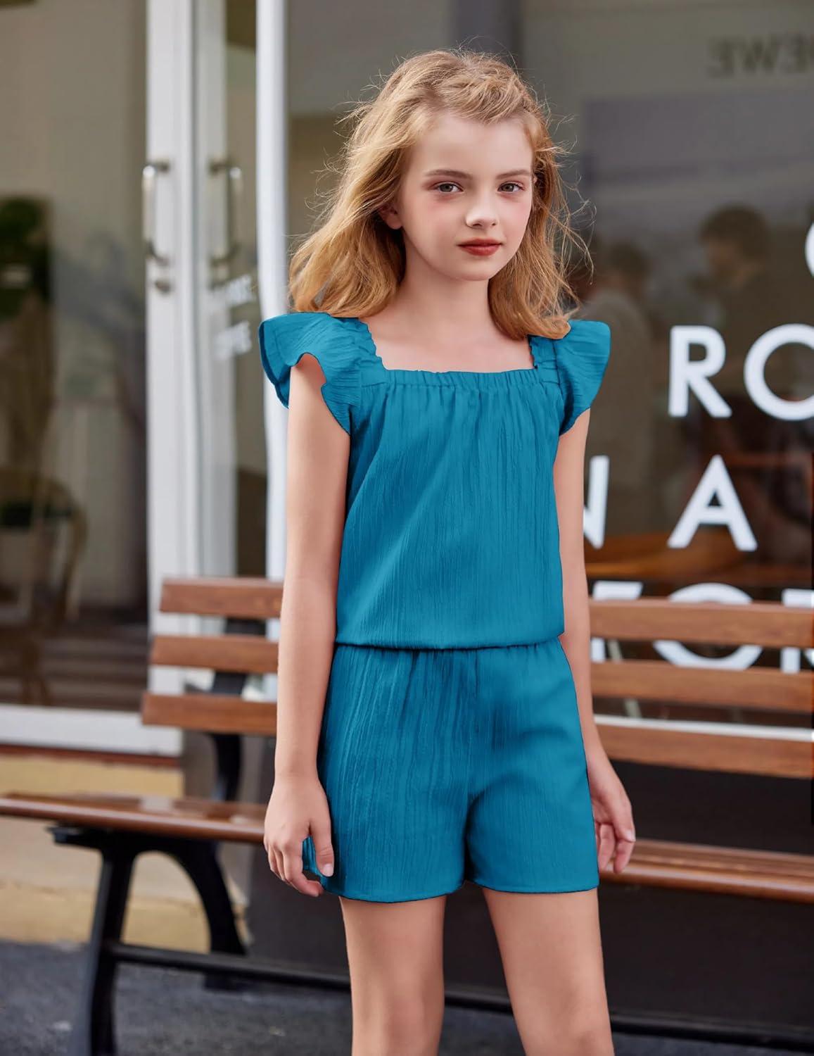 image:imageArshiner Girls Summer Shorts Sets Cap Sleeve Top and Elastic Waist Pocketed Shorts Outfit 2 Piece Clothing SetTurquoise