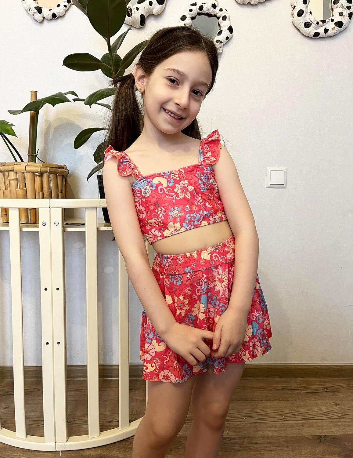 image:imageArshiner Girls Swimsuit 3 Piece Bathing Suits Cute Bikini Tankini Sets Teen Ruffle Swimwear with Cover Up SkirtFlowersred