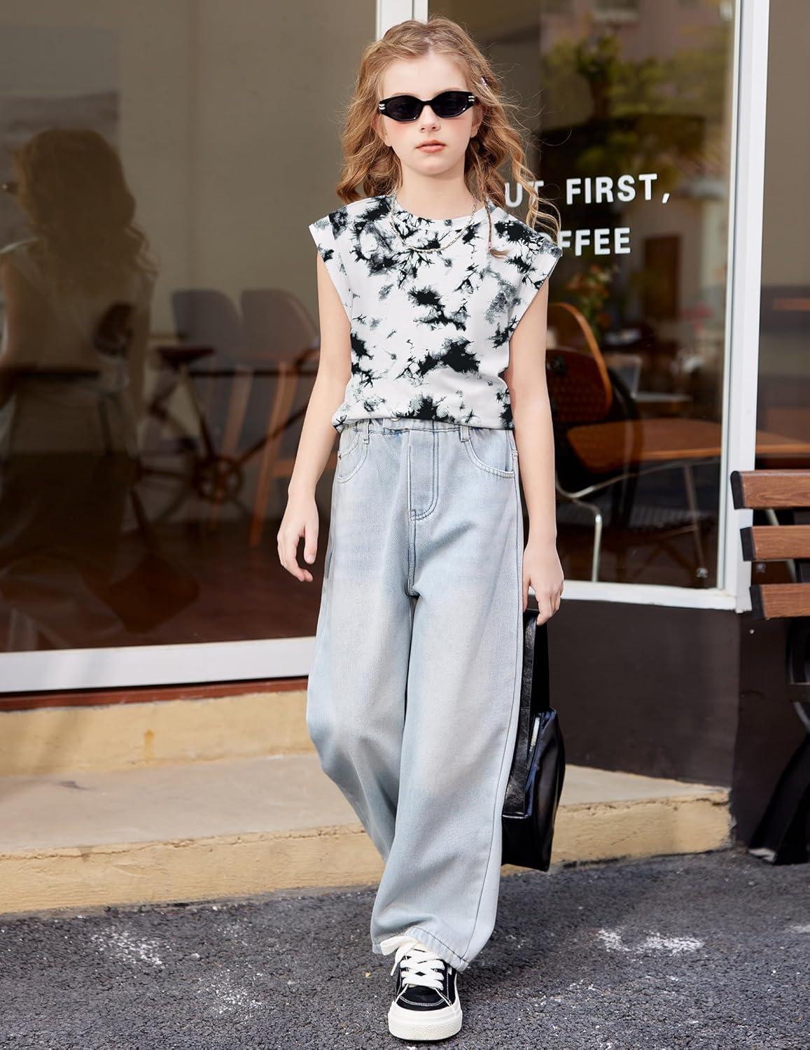 image:imageArshiner Girls T Shirts Cap Sleeves Casual Summer Tops Crewneck Tank Loose Fit Fashion Blouse TeeBlackwhite Tie Dye