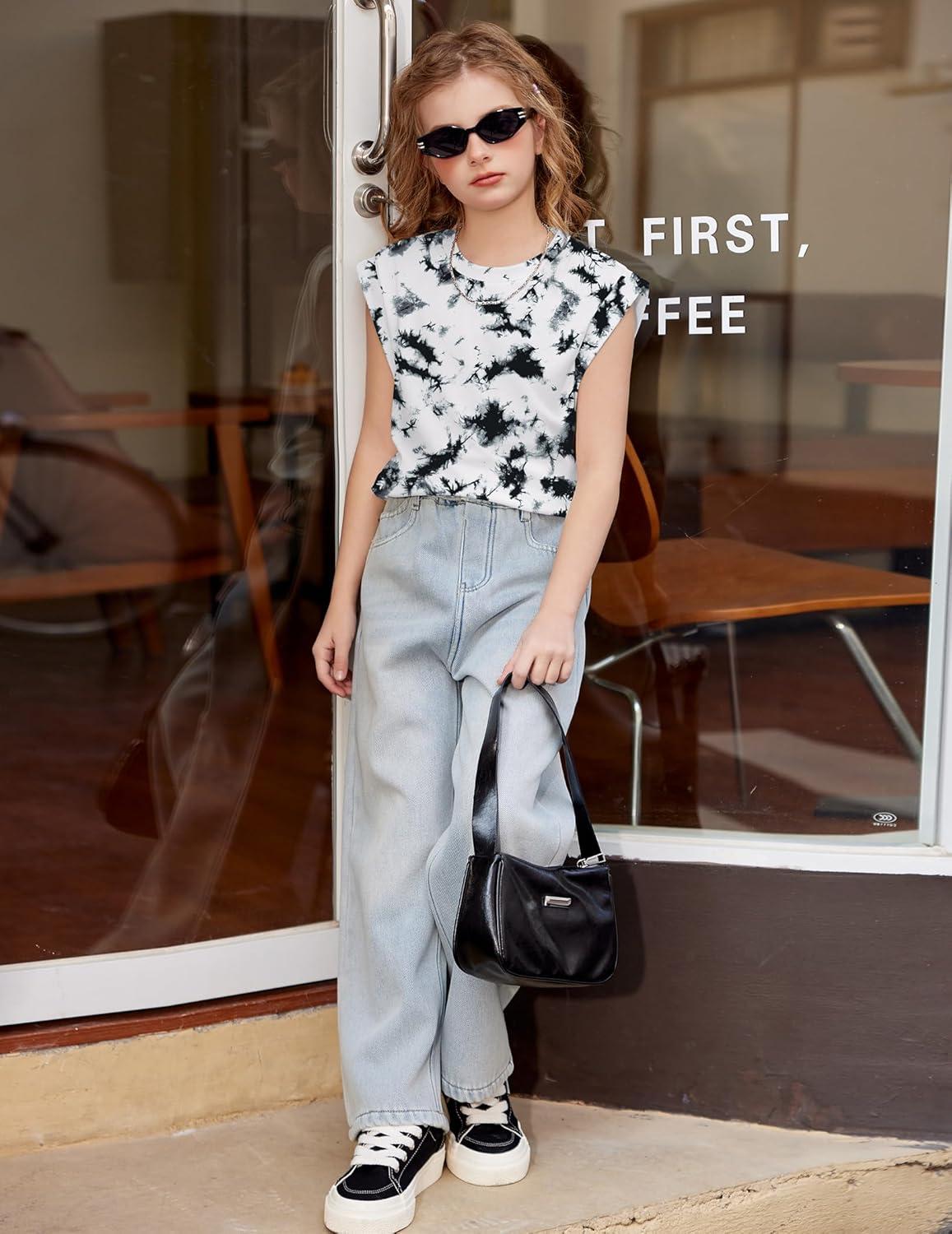 image:imageArshiner Girls T Shirts Cap Sleeves Casual Summer Tops Crewneck Tank Loose Fit Fashion Blouse TeeBlackwhite Tie Dye