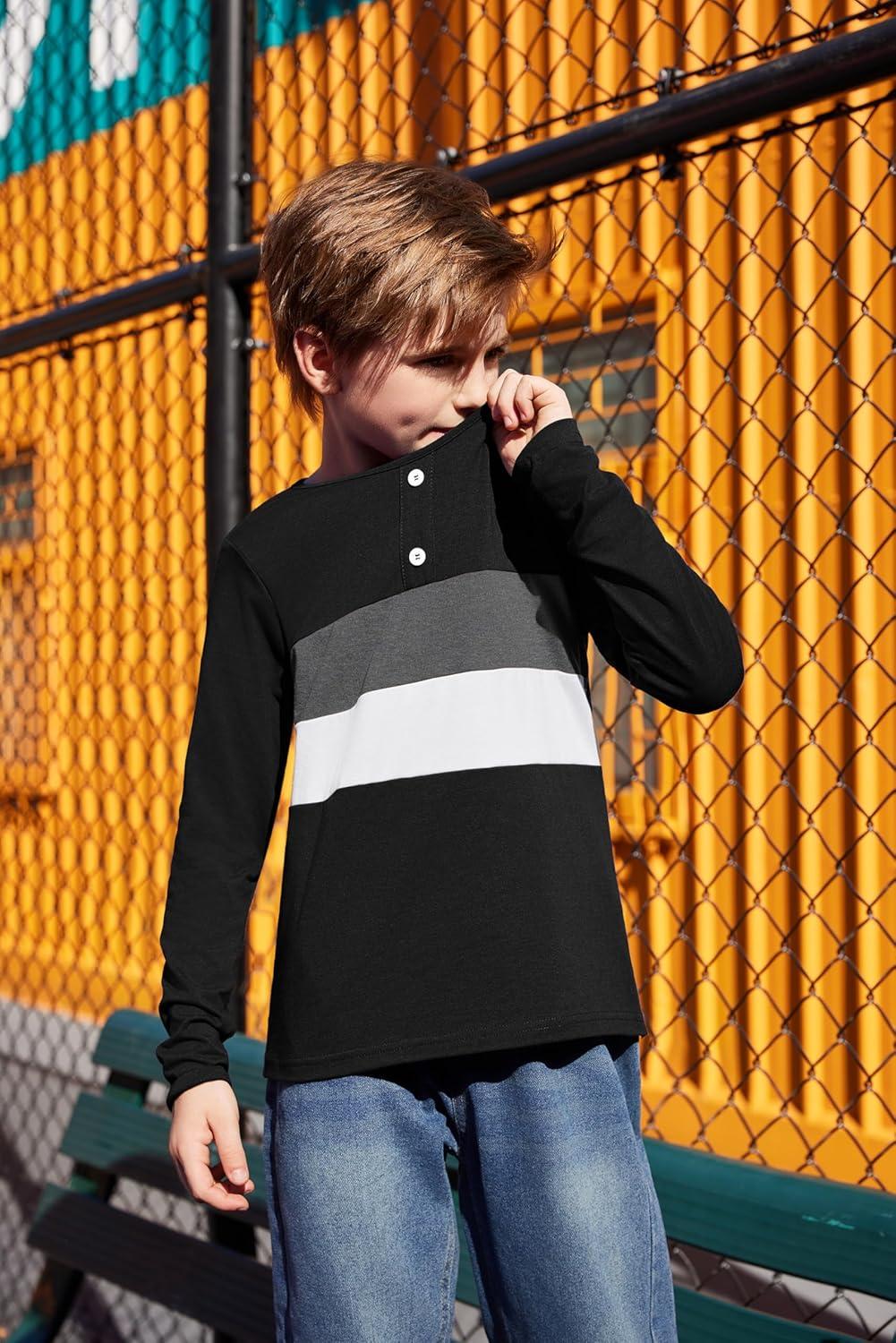 image:imageArshiner Kids Boys Henley Shirts Cotton Long Sleeve Crewneck TShirts Color Block Tee Tops 312 YearsBlack