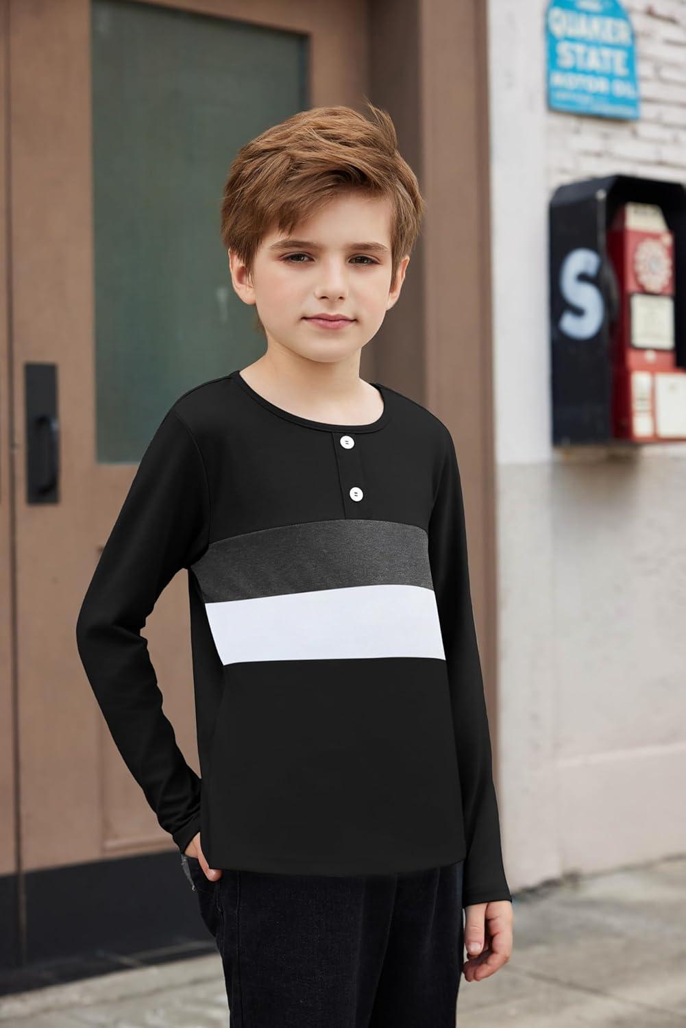 image:imageArshiner Kids Boys Henley Shirts Cotton Long Sleeve Crewneck TShirts Color Block Tee Tops 312 YearsBlack