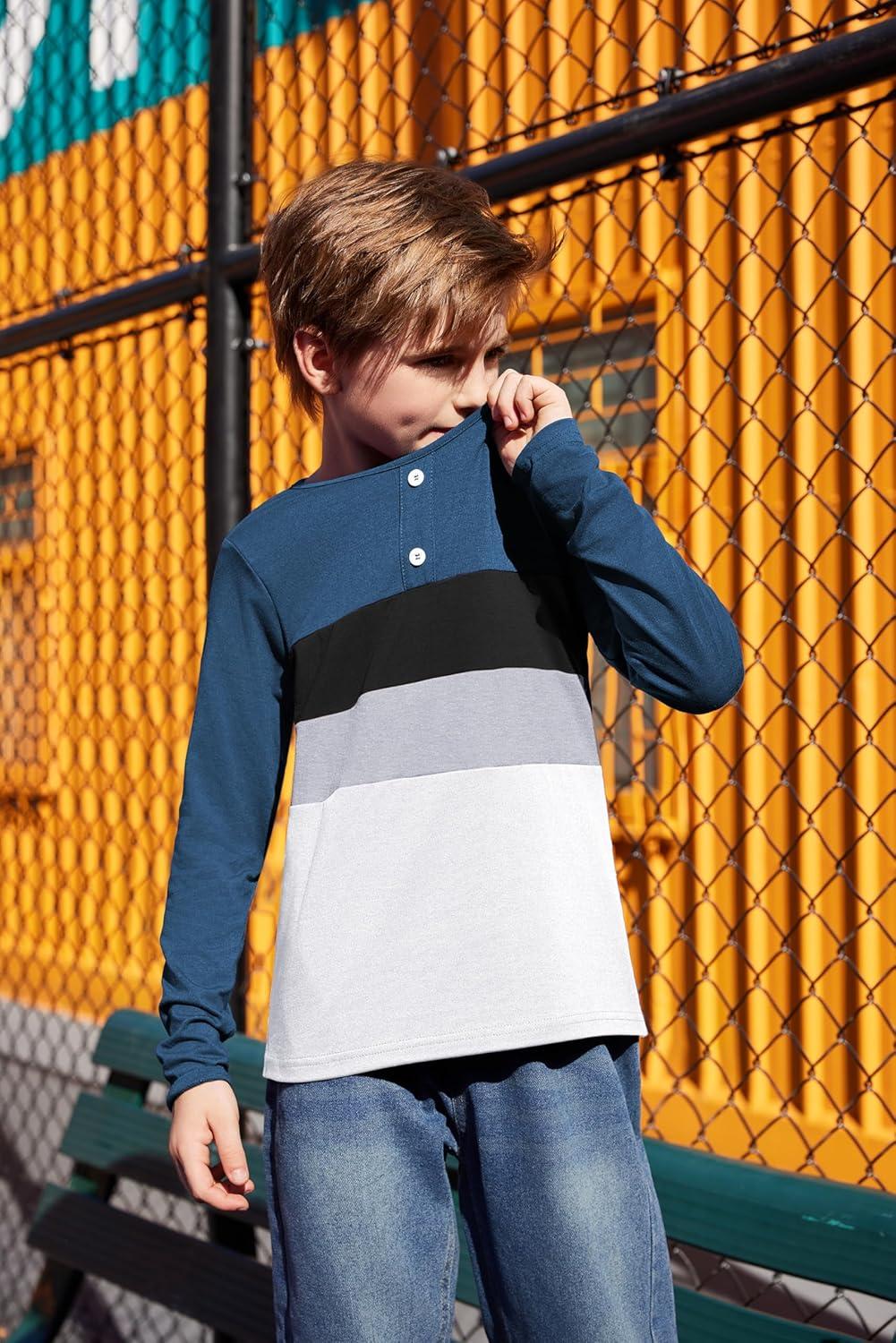 image:imageArshiner Kids Boys Henley Shirts Cotton Long Sleeve Crewneck TShirts Color Block Tee Tops 312 YearsDark Blue