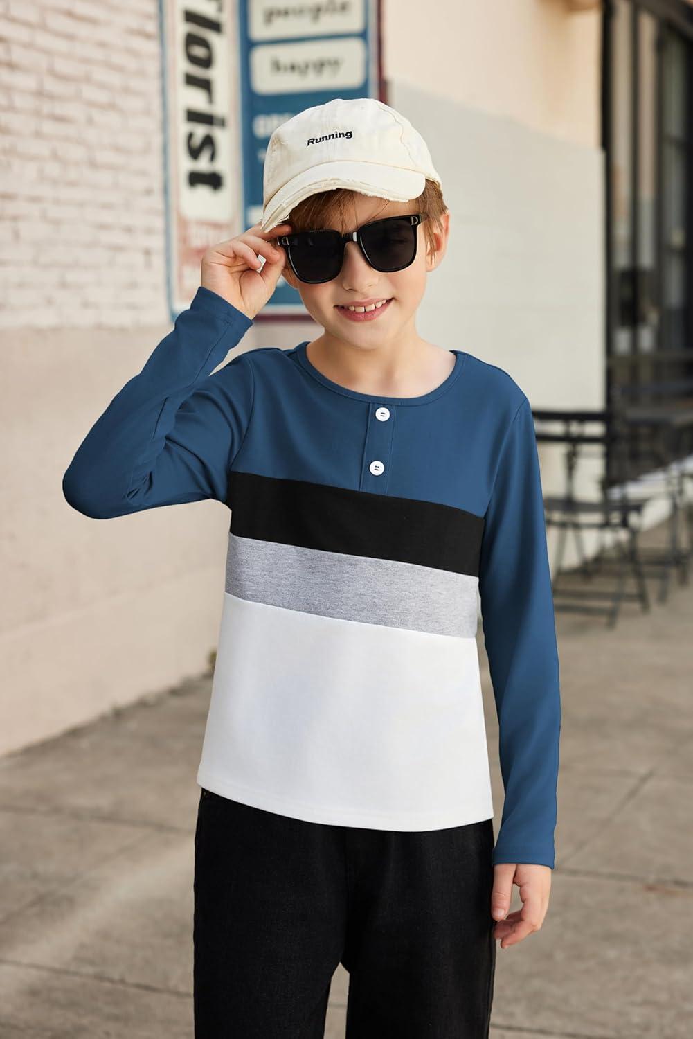 image:imageArshiner Kids Boys Henley Shirts Cotton Long Sleeve Crewneck TShirts Color Block Tee Tops 312 YearsDark Blue
