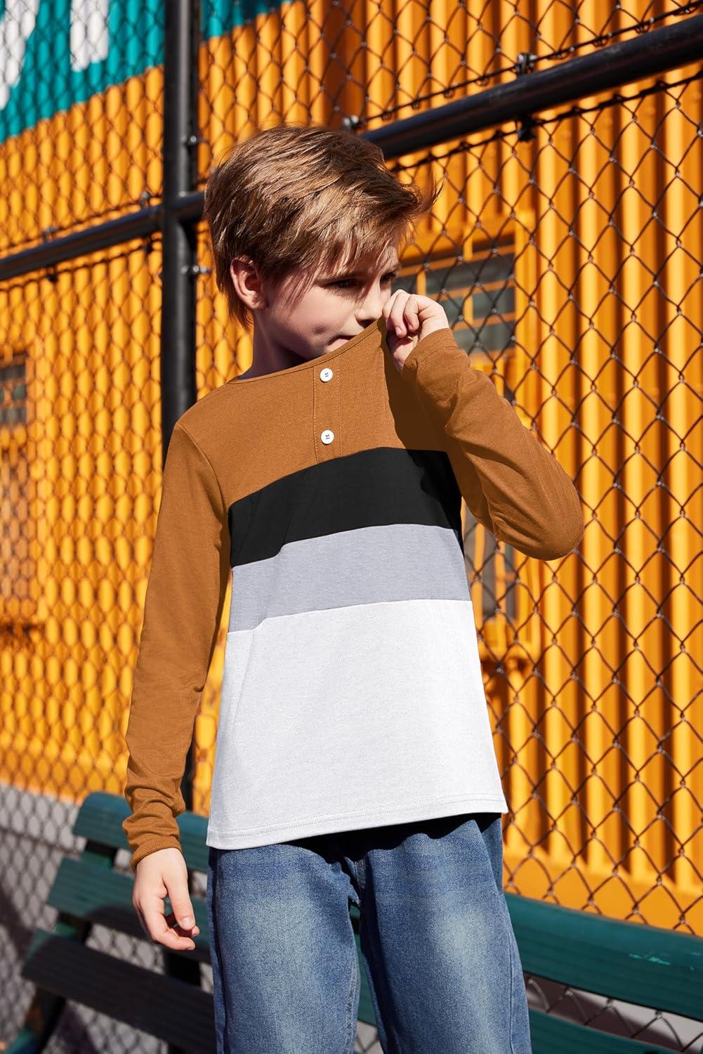 image:imageArshiner Kids Boys Henley Shirts Cotton Long Sleeve Crewneck TShirts Color Block Tee Tops 312 YearsLight Brown