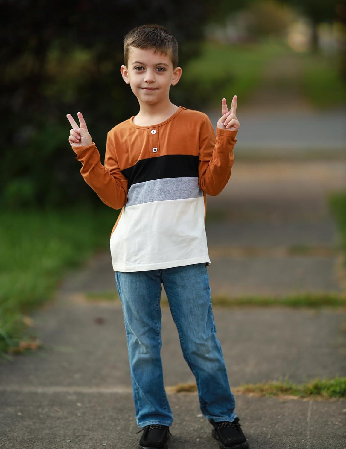 image:imageArshiner Kids Boys Henley Shirts Cotton Long Sleeve Crewneck TShirts Color Block Tee Tops 312 YearsLight Brown