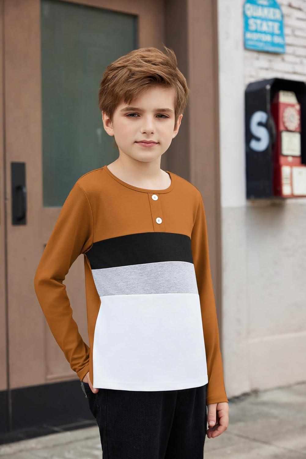 image:imageArshiner Kids Boys Henley Shirts Cotton Long Sleeve Crewneck TShirts Color Block Tee Tops 312 YearsLight Brown