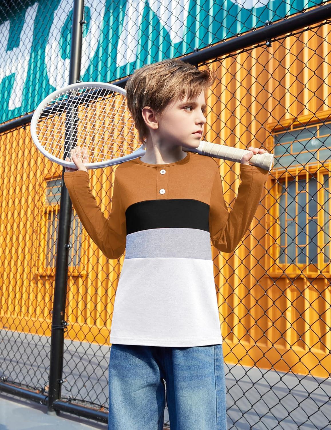image:imageArshiner Kids Boys Henley Shirts Cotton Long Sleeve Crewneck TShirts Color Block Tee Tops 312 YearsLight Brown