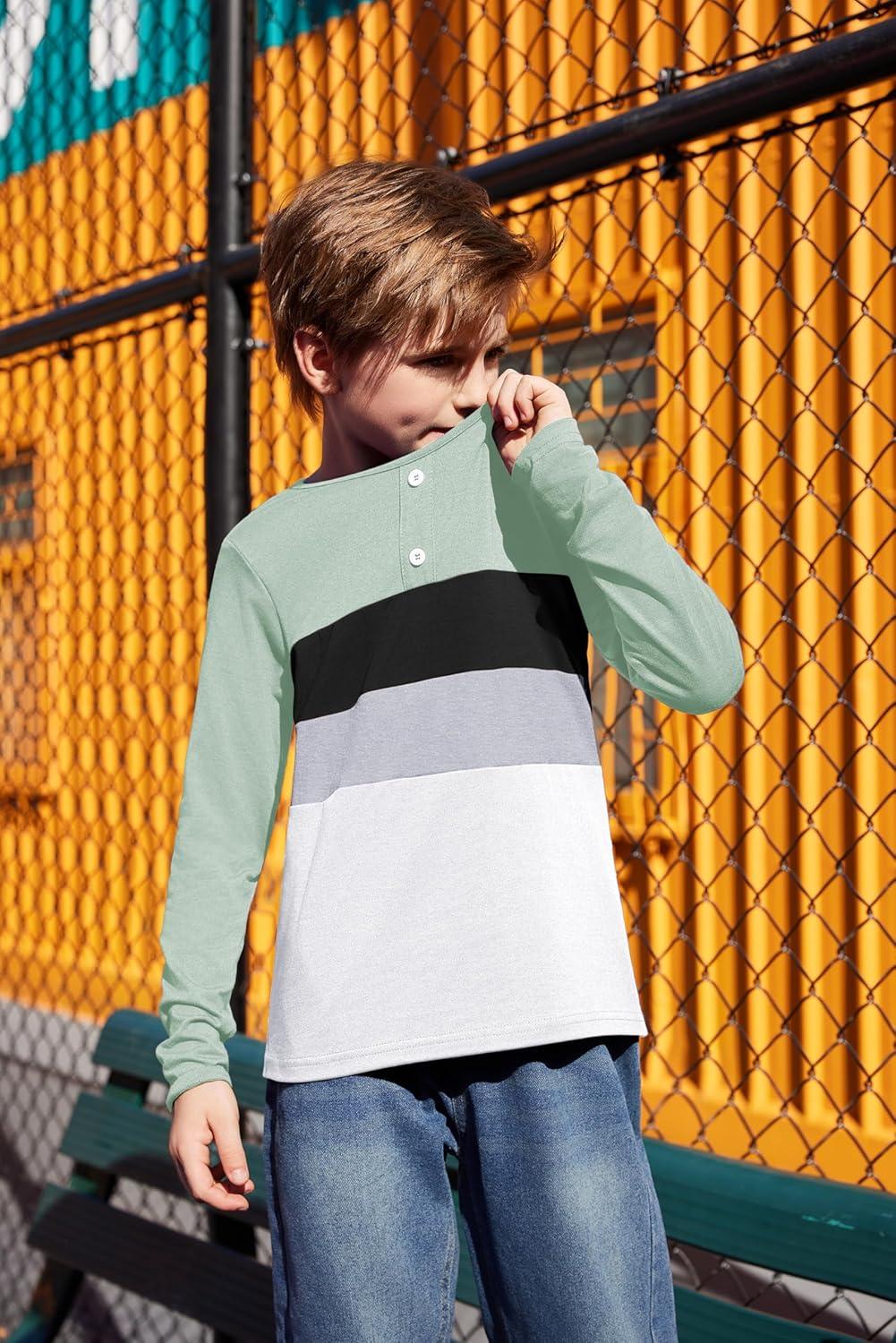 image:imageArshiner Kids Boys Henley Shirts Cotton Long Sleeve Crewneck TShirts Color Block Tee Tops 312 YearsLight Green