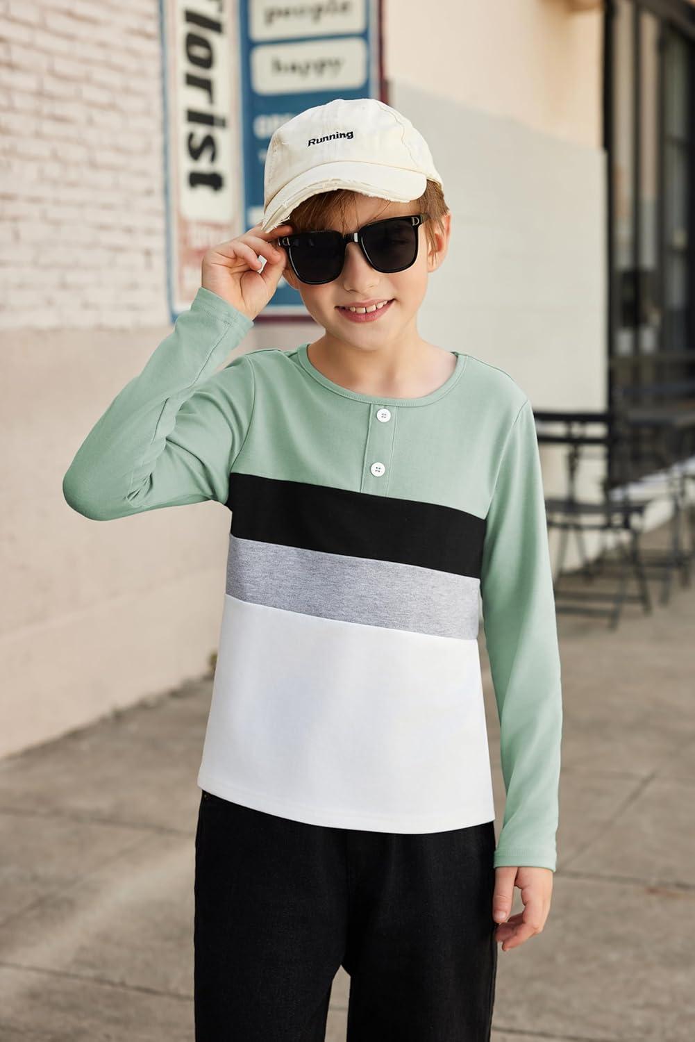 image:imageArshiner Kids Boys Henley Shirts Cotton Long Sleeve Crewneck TShirts Color Block Tee Tops 312 YearsLight Green