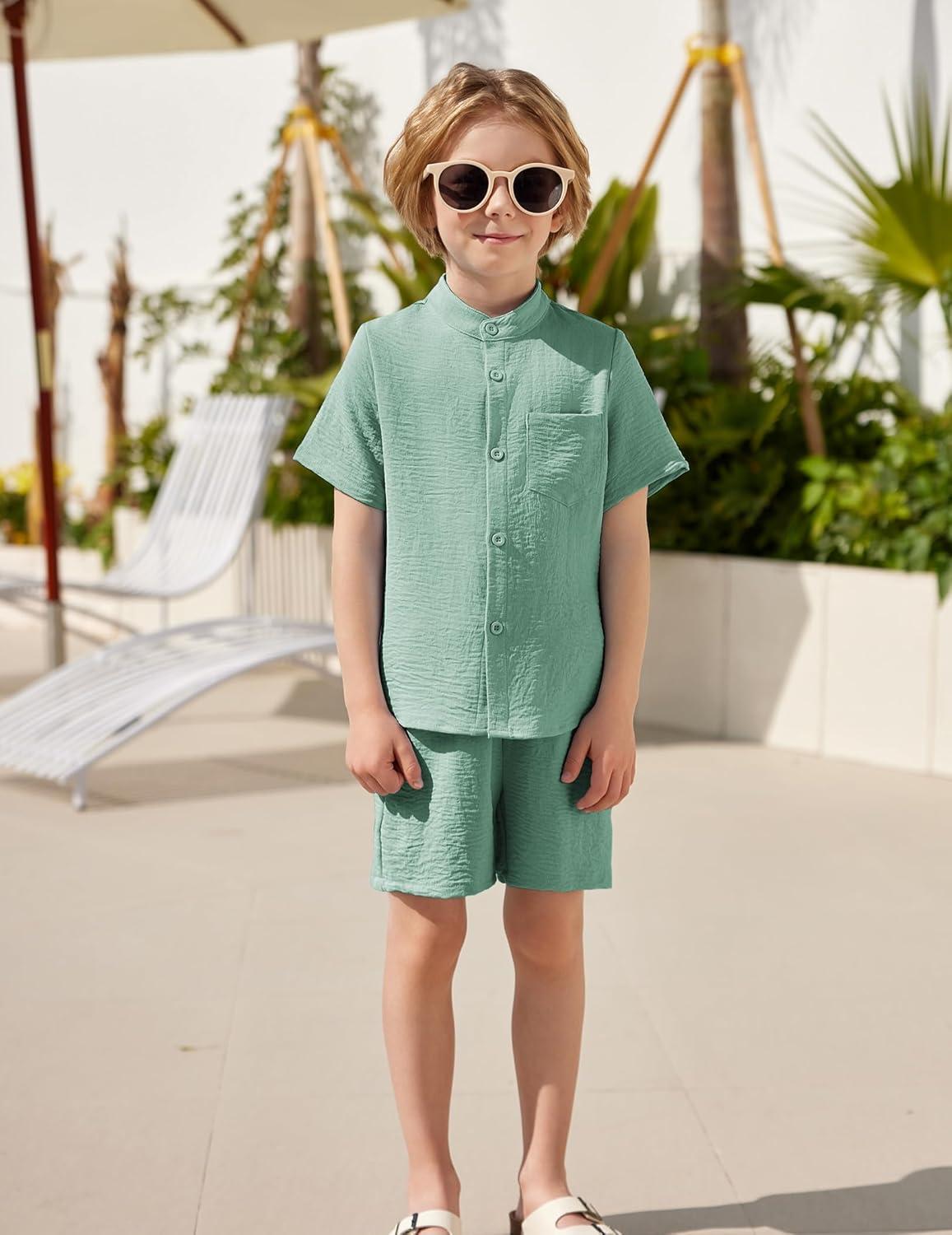 image:imageArshiner Toddler Boys 2 Piece Set Short Sleeve Button Down Shirt and Shorts Vacation Texture Outfits with Pocket 28 YearsGreen