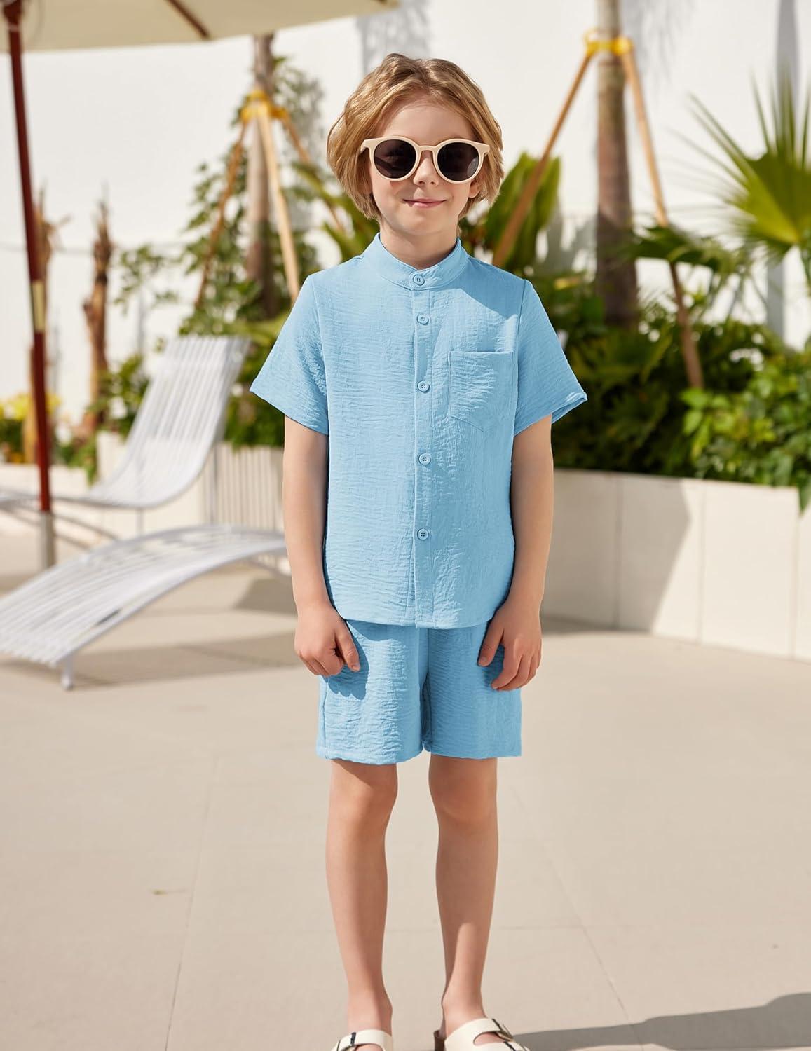 image:imageArshiner Toddler Boys 2 Piece Set Short Sleeve Button Down Shirt and Shorts Vacation Texture Outfits with Pocket 28 YearsLight Blue