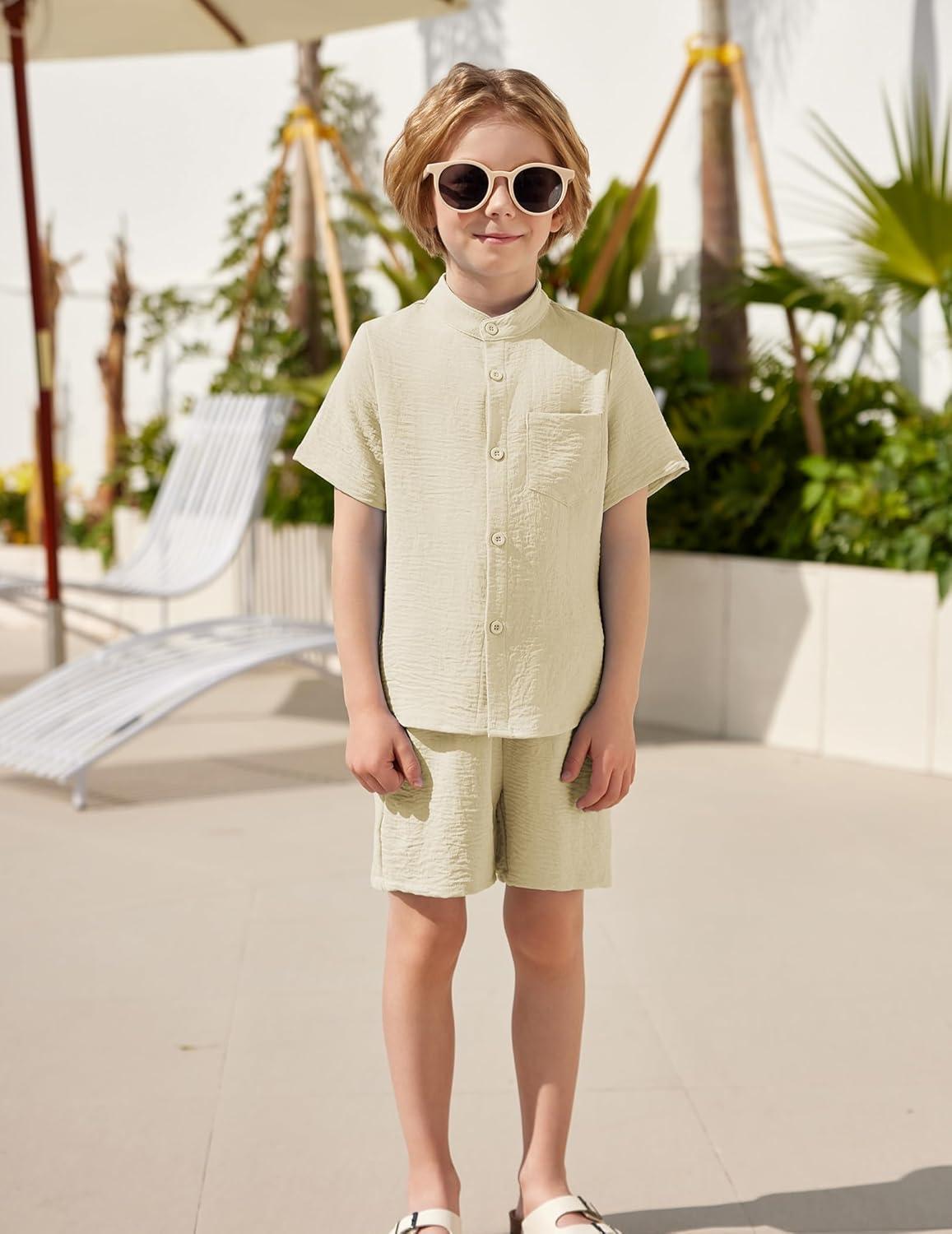 image:imageArshiner Toddler Boys 2 Piece Set Short Sleeve Button Down Shirt and Shorts Vacation Texture Outfits with Pocket 28 YearsLight Khaki