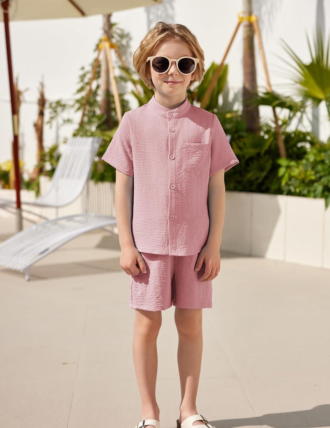 image:imageArshiner Toddler Boys 2 Piece Set Short Sleeve Button Down Shirt and Shorts Vacation Texture Outfits with Pocket 28 YearsLight Pink