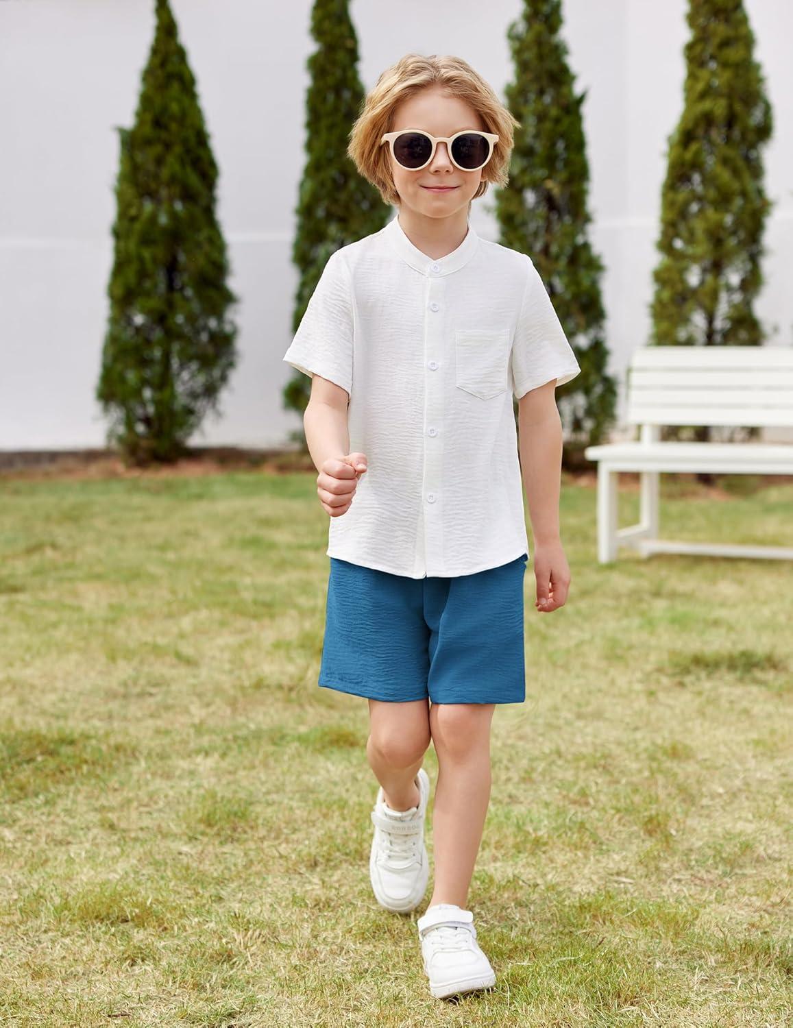 image:imageArshiner Toddler Boys 2 Piece Set Short Sleeve Button Down Shirt and Shorts Vacation Texture Outfits with Pocket 28 YearsWhite Blue