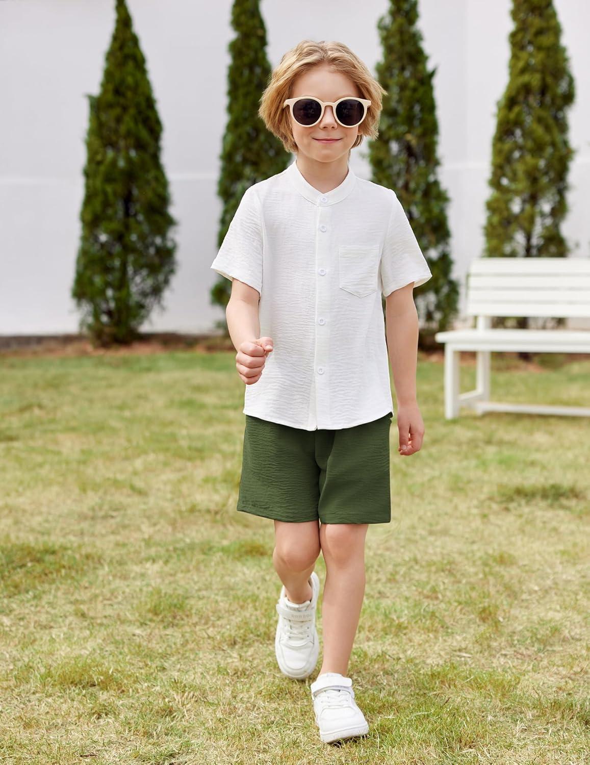 image:imageArshiner Toddler Boys 2 Piece Set Short Sleeve Button Down Shirt and Shorts Vacation Texture Outfits with Pocket 28 YearsWhite Green