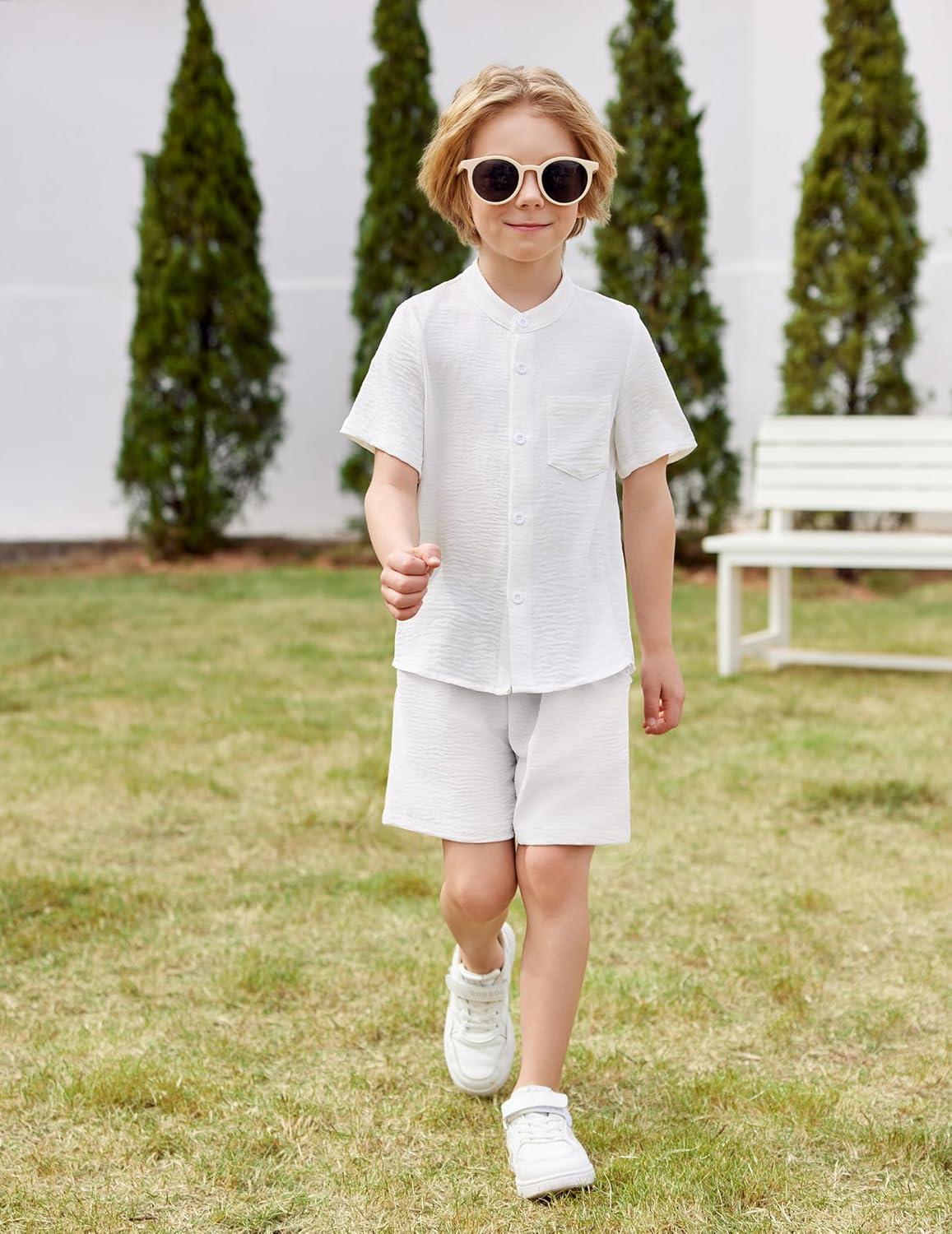 image:imageArshiner Toddler Boys 2 Piece Set Short Sleeve Button Down Shirt and Shorts Vacation Texture Outfits with Pocket 28 YearsWhite