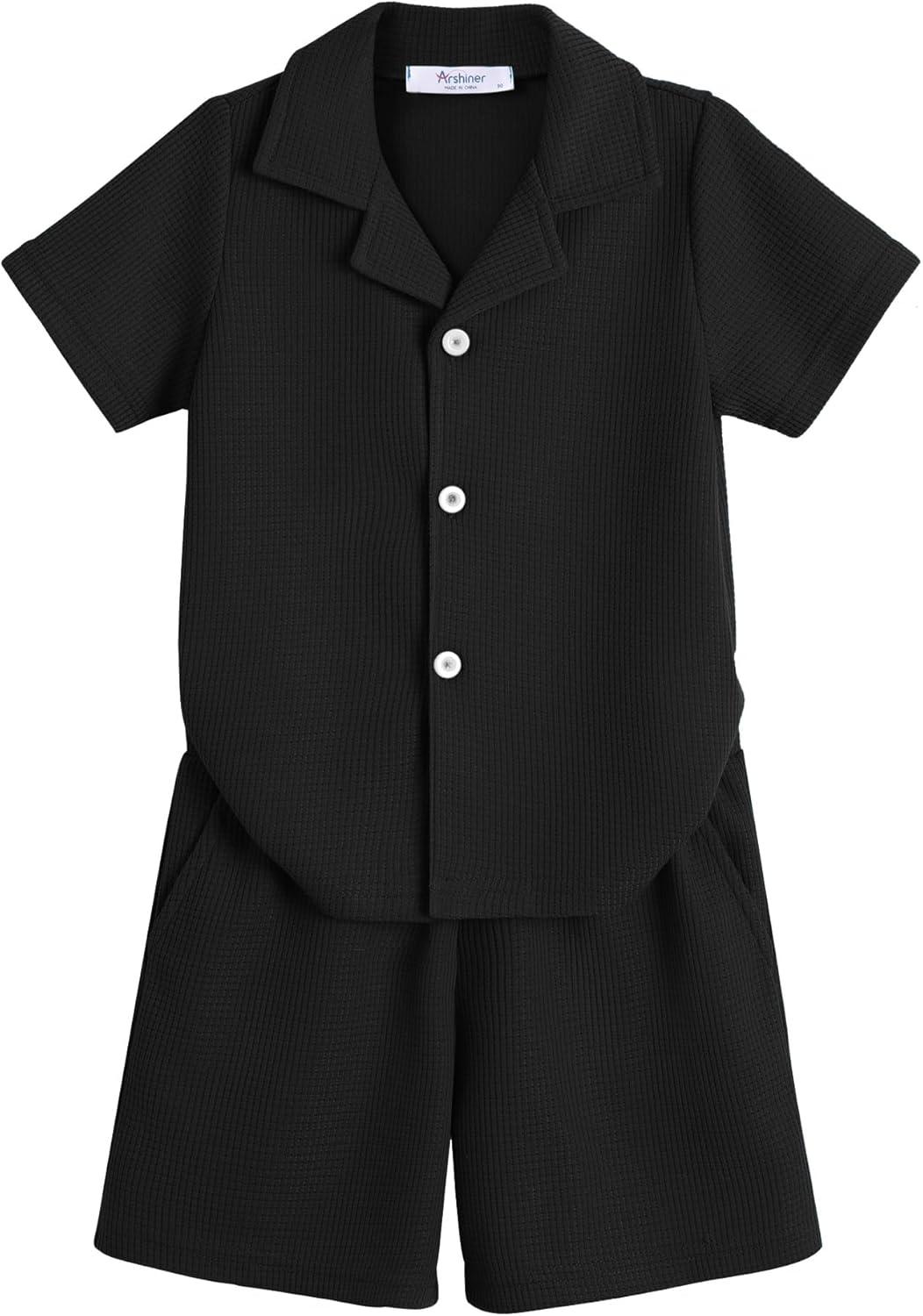 image:imageArshiner Toddler Boys 2 Piece Summer Outfits Waffle Knit Short Sleeve Button Down Shirt amp Casual Shorts Sets Size 27Black