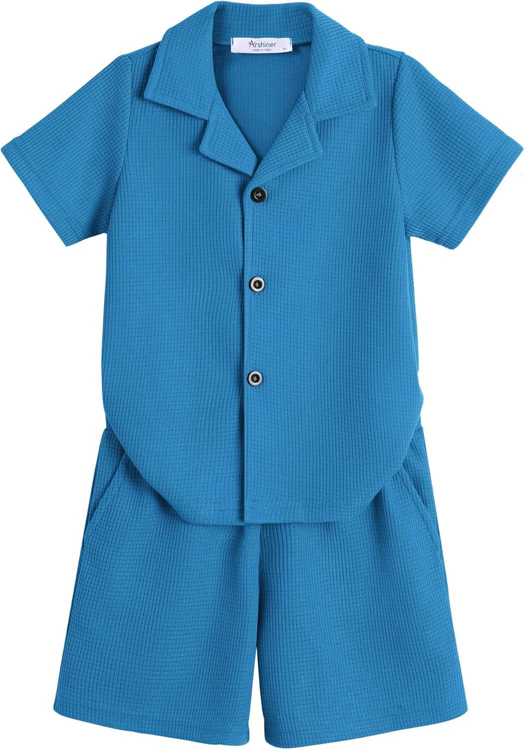 image:imageArshiner Toddler Boys 2 Piece Summer Outfits Waffle Knit Short Sleeve Button Down Shirt amp Casual Shorts Sets Size 27Blue