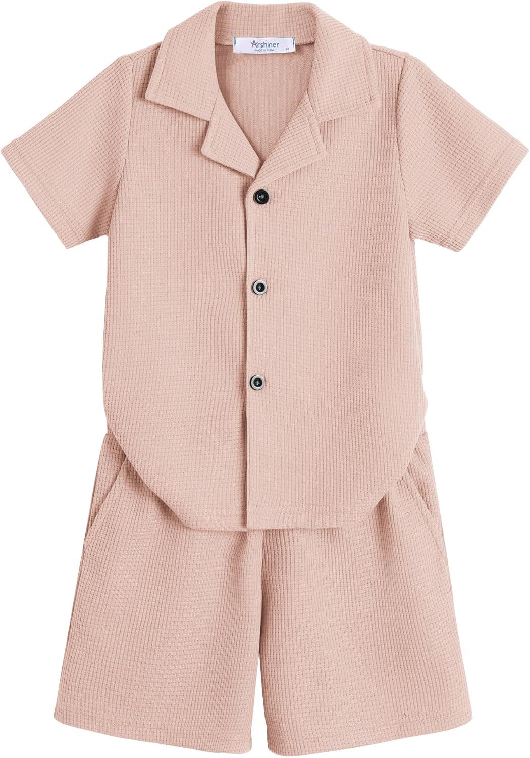 image:imageArshiner Toddler Boys 2 Piece Summer Outfits Waffle Knit Short Sleeve Button Down Shirt amp Casual Shorts Sets Size 27Champagne