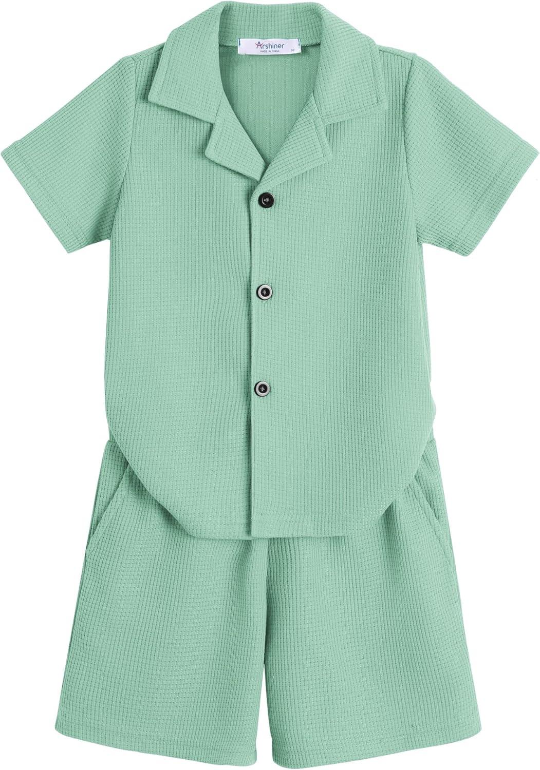image:imageArshiner Toddler Boys 2 Piece Summer Outfits Waffle Knit Short Sleeve Button Down Shirt amp Casual Shorts Sets Size 27Light Green