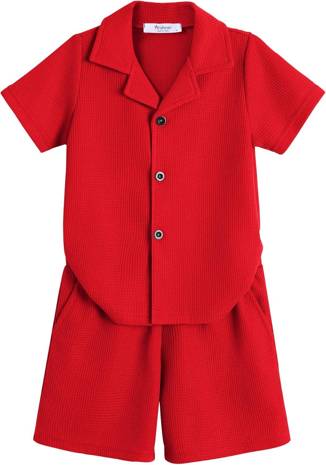 image:imageArshiner Toddler Boys 2 Piece Summer Outfits Waffle Knit Short Sleeve Button Down Shirt amp Casual Shorts Sets Size 27Red