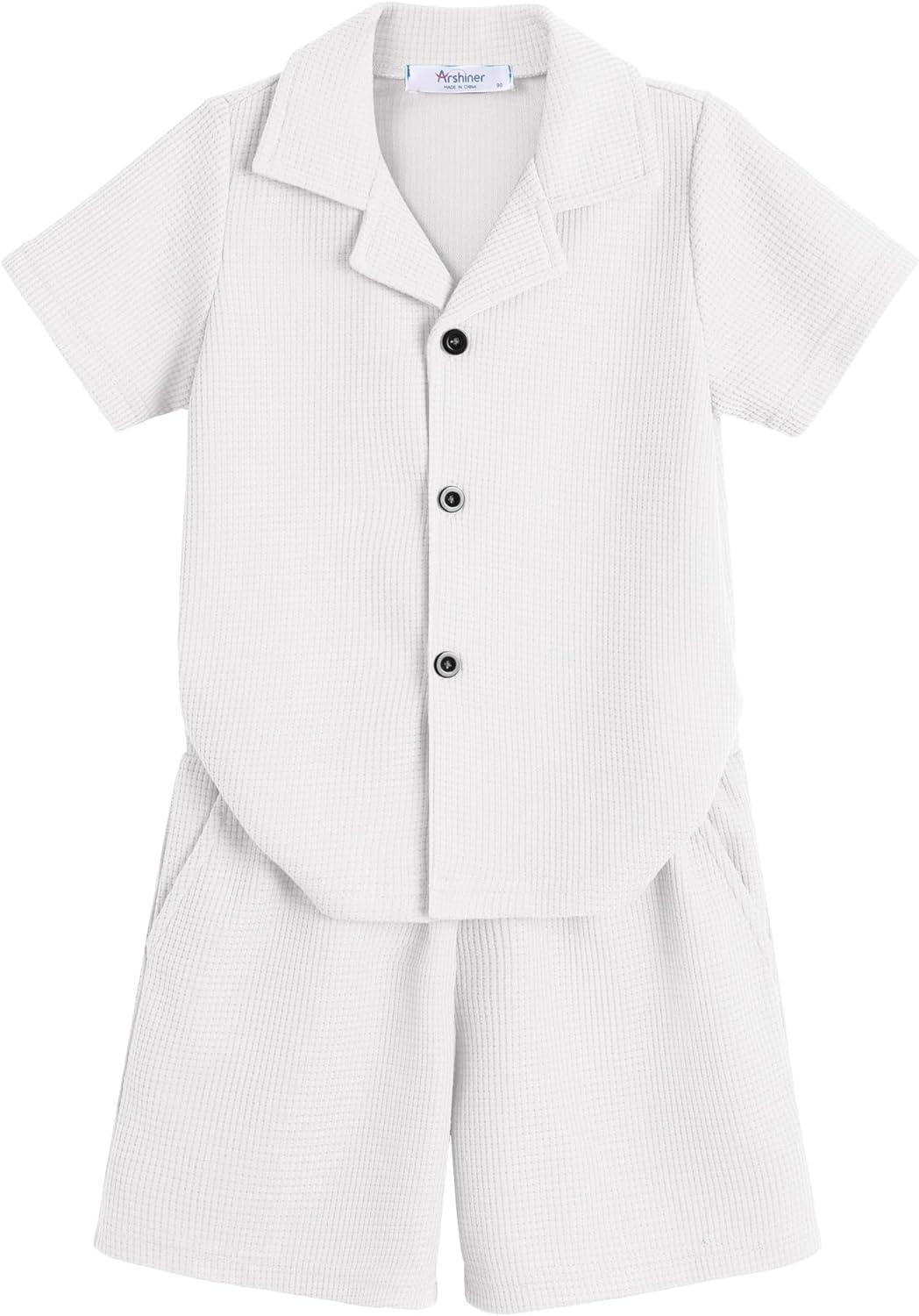 image:imageArshiner Toddler Boys 2 Piece Summer Outfits Waffle Knit Short Sleeve Button Down Shirt amp Casual Shorts Sets Size 27White