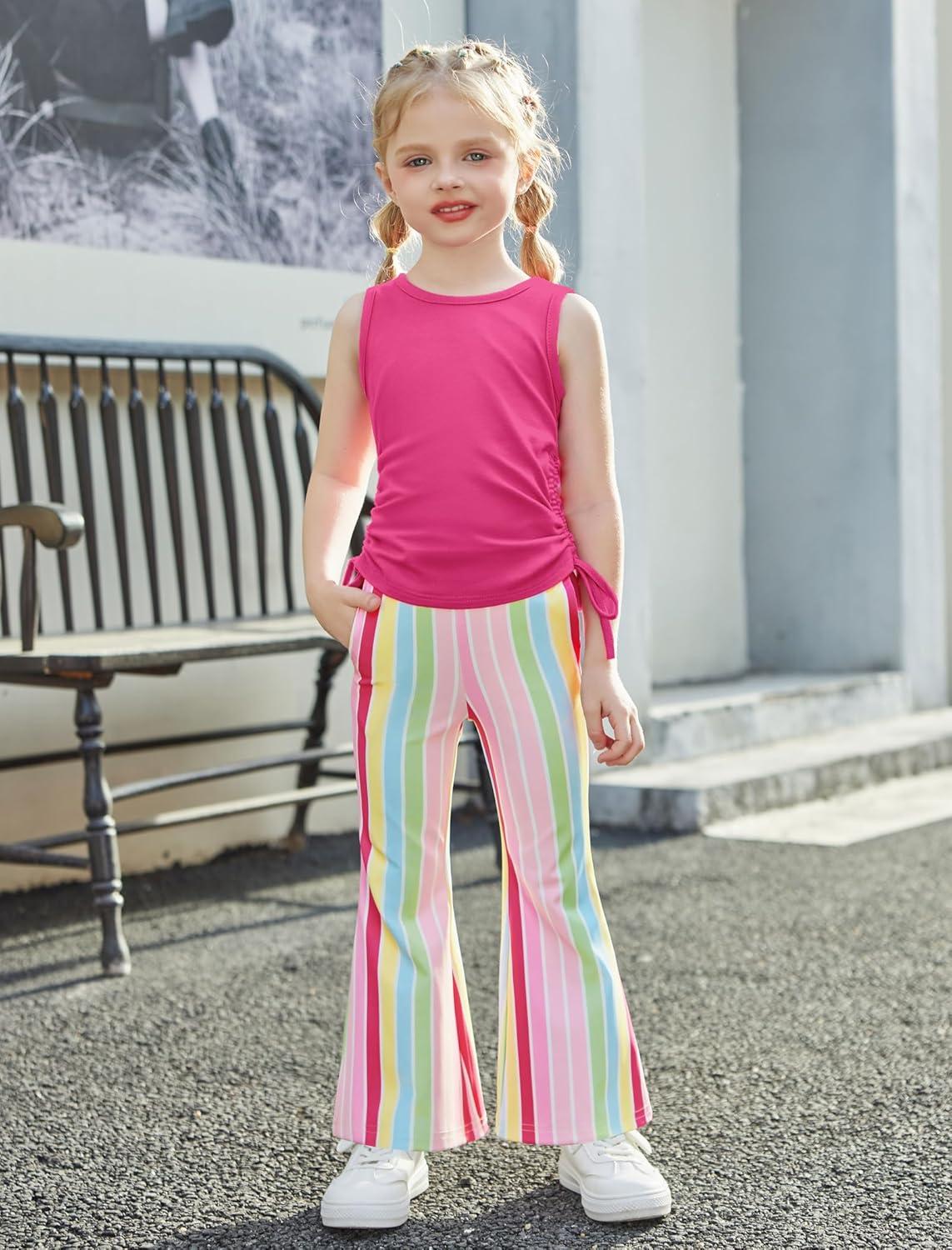 image:imageArshiner Toddler Girl Clothes 2 Piece Outfits Side Adjustable Drawstrings Tank Tops and Flare Leggings Pant SetHot Pink Strips