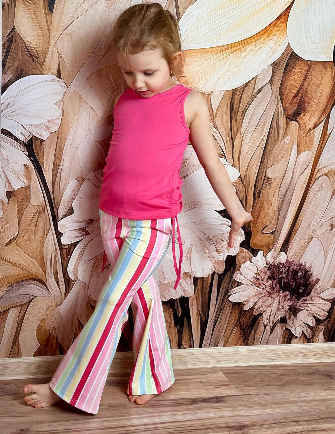 image:imageArshiner Toddler Girl Clothes 2 Piece Outfits Side Adjustable Drawstrings Tank Tops and Flare Leggings Pant SetHot Pink Strips