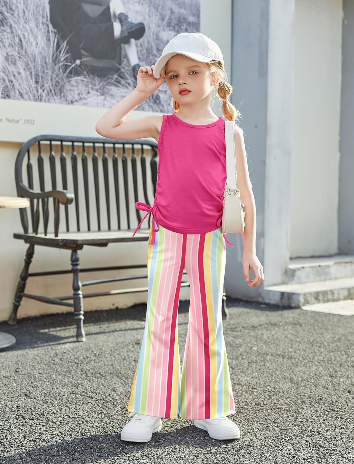 image:imageArshiner Toddler Girl Clothes 2 Piece Outfits Side Adjustable Drawstrings Tank Tops and Flare Leggings Pant SetHot Pink Strips