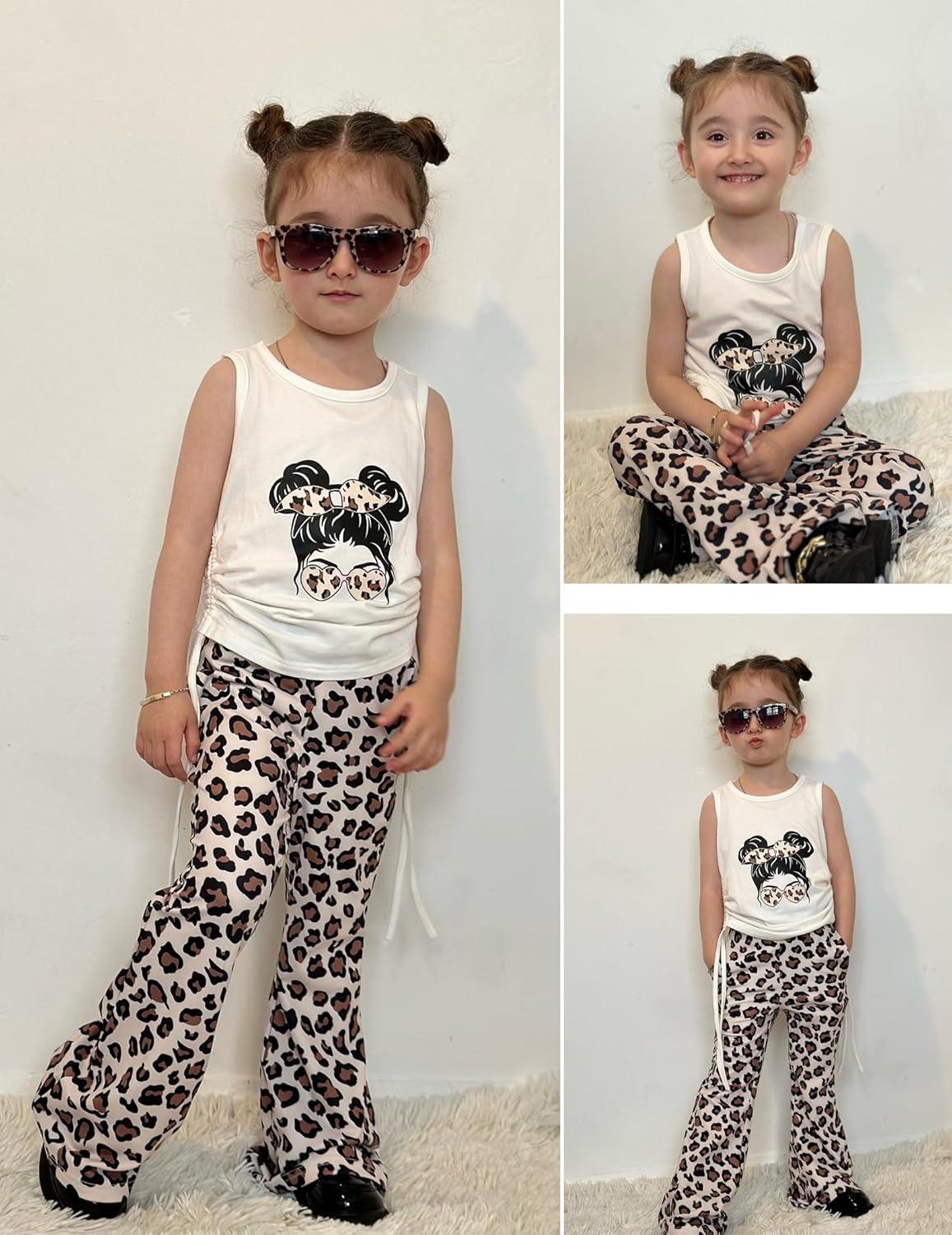 image:imageArshiner Toddler Girl Clothes 2 Piece Outfits Side Adjustable Drawstrings Tank Tops and Flare Leggings Pant SetWhite Leopard