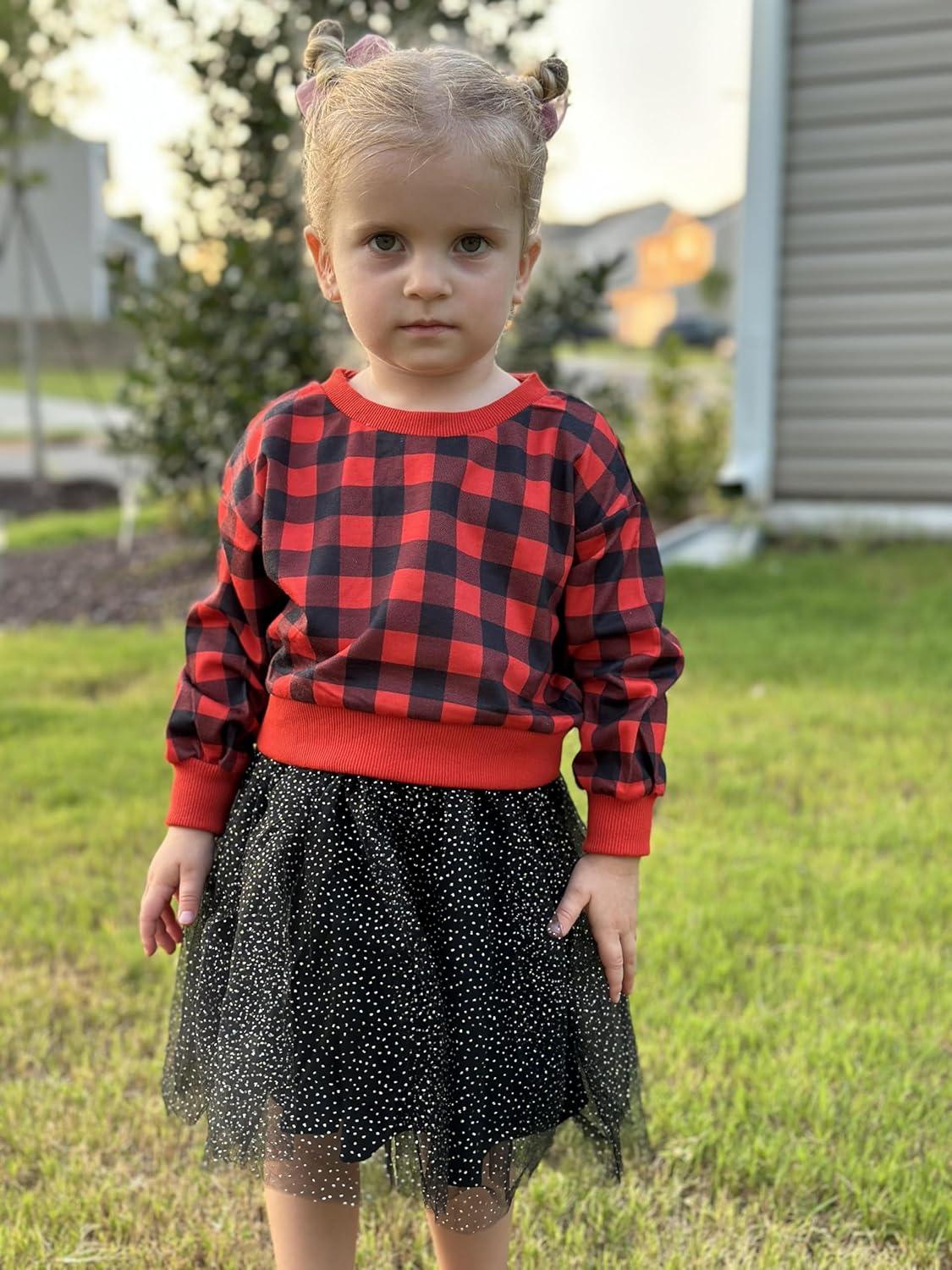 image:imageArshiner Toddler Girl Clothes Long Sleeve Pullover Sweatshirt and Tutu Skirt 2 Piece Outfits Kids Clothing Set Party DressRed Plaid