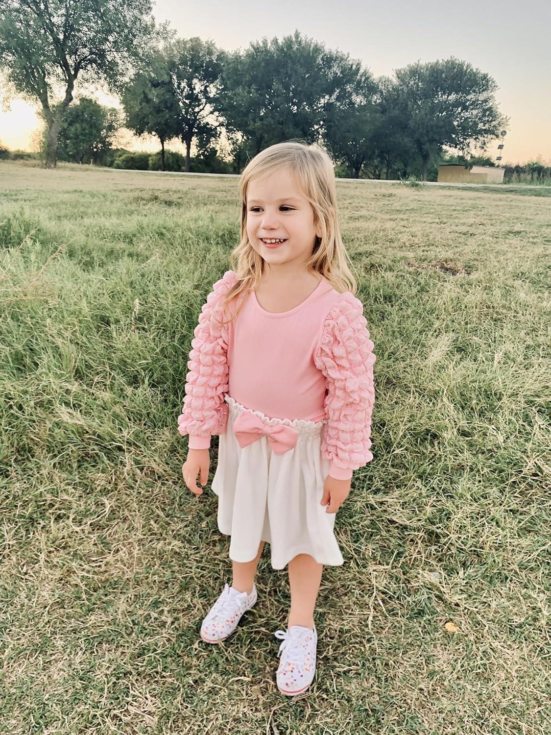 image:imageArshiner Toddler Girl Skirt Set 2Pcs Outfits Puff Sleeve Knit Tops and Flared Mini Skirts with Bowknot Kids Cute Clothes 16Whitepink