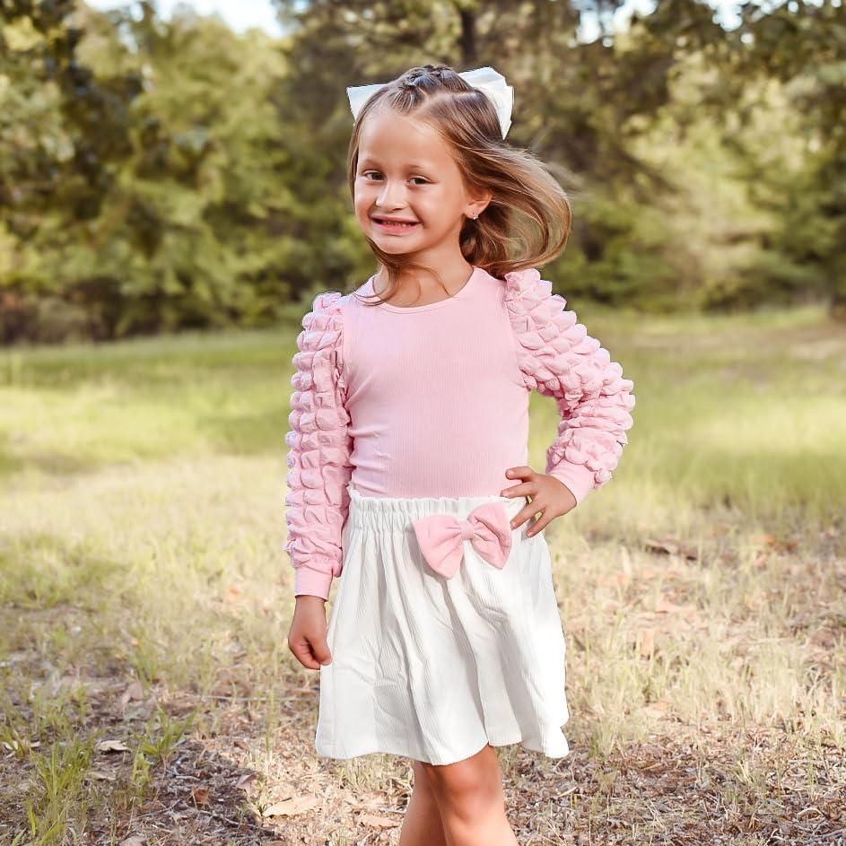 image:imageArshiner Toddler Girl Skirt Set 2Pcs Outfits Puff Sleeve Knit Tops and Flared Mini Skirts with Bowknot Kids Cute Clothes 16Whitepink
