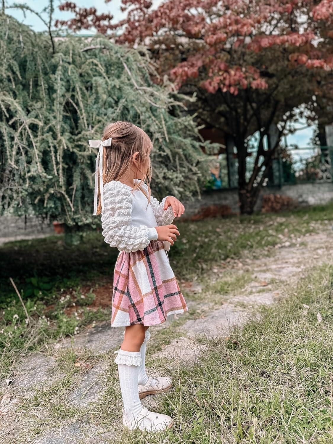 image:imageArshiner Toddler Girl Skirt Set 2Pcs Outfits Puff Sleeve Knit Tops and Flared Mini Skirts with Bowknot Kids Cute Clothes 16Whitepink Plaid