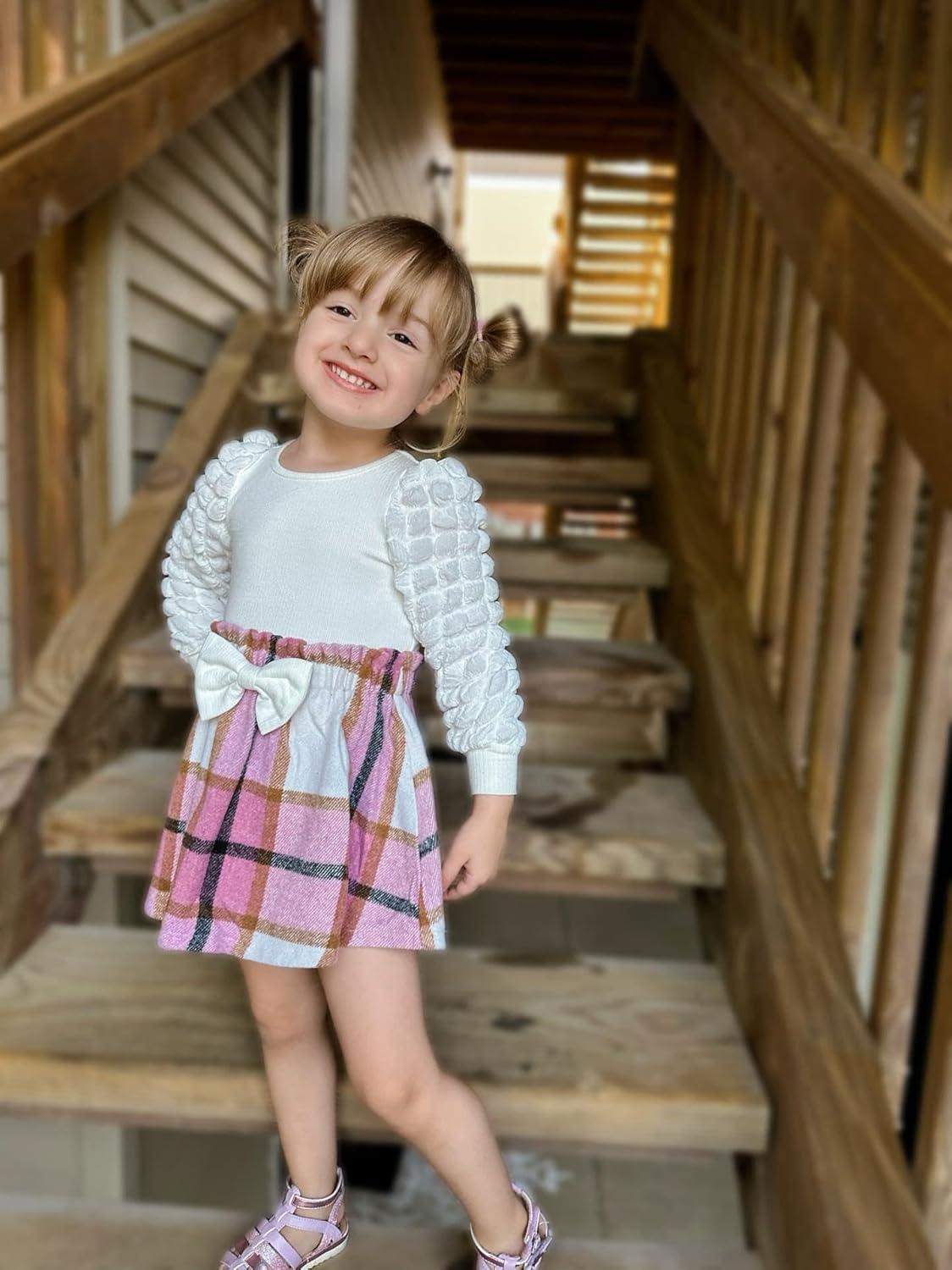 image:imageArshiner Toddler Girl Skirt Set 2Pcs Outfits Puff Sleeve Knit Tops and Flared Mini Skirts with Bowknot Kids Cute Clothes 16Whitepink Plaid